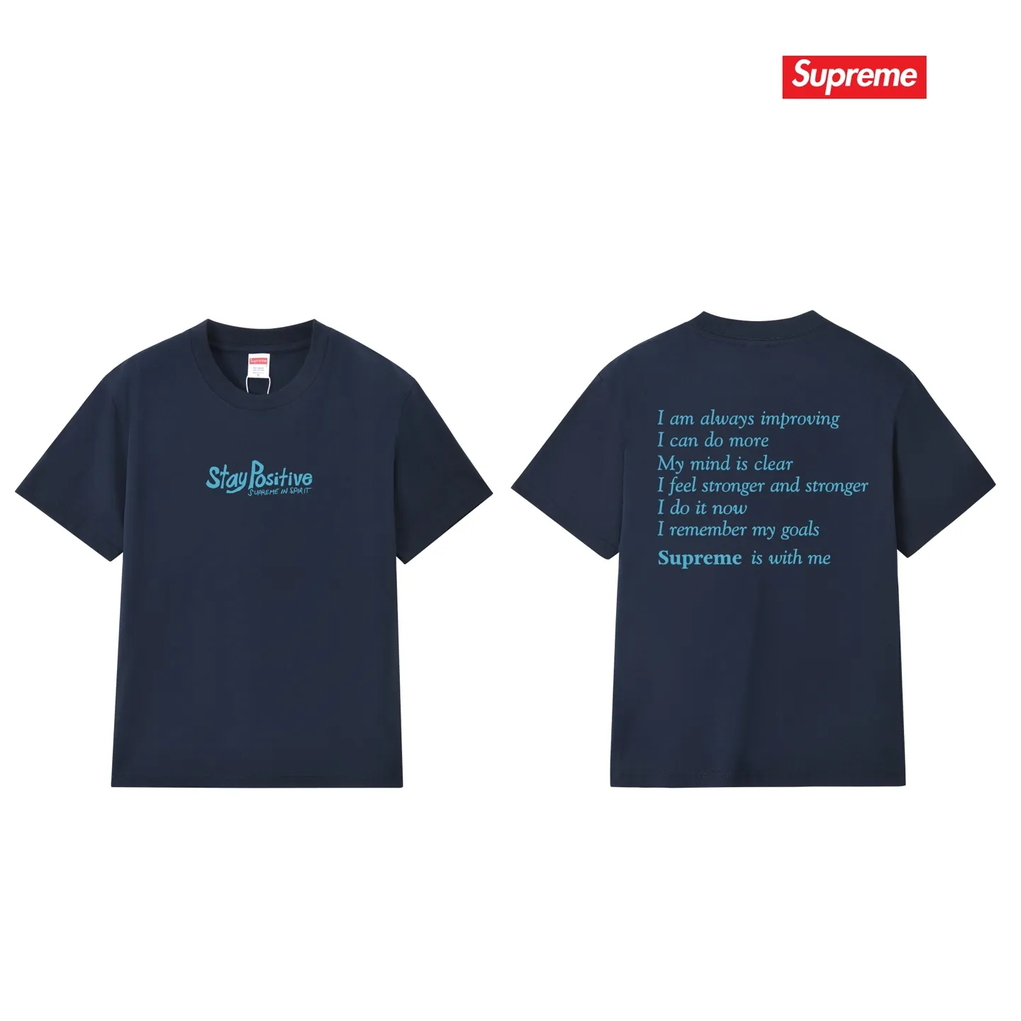 S233 P110💰 Supreme Week 1 Stay Positive Tee Stay Positive English printed round neck short-sleeved American trendy T-shirt. Same style for men and women. Loose fit. Made of 260g combed cotton double yarn. All three standards are complete from fabrics to accessories. ZP. Imported Matsui company's slurry printing will never crack. The whole piece adopts three-needle five-thread technology. The collar-shoulder seam-sleeve seam is double-lined, which looks more three-dimensional and textured.) The same process as the original version, classic version Feel free to compare zp. The whole piece adopts three-needle five-thread craftsmanship (neckline-shoulder seam-sleeve seam double thread, which looks more three-dimensional and textured). It has the same craftsmanship as the original original, classic version. Color: black, white, light gray, pink, navy. Size: S M L XL XXL