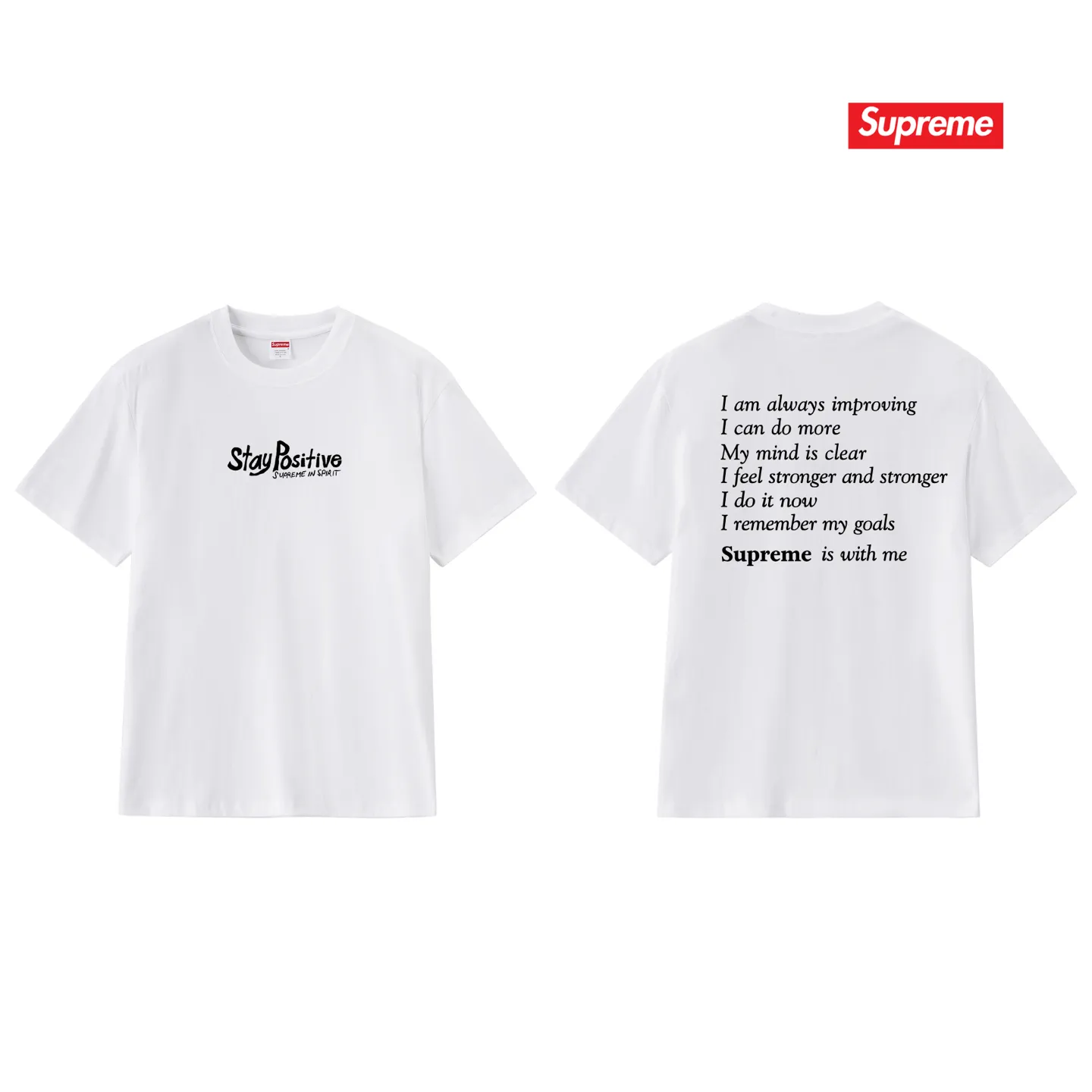 S233 P110💰 Supreme Week 1 Stay Positive Tee Stay Positive English printed round neck short-sleeved American trendy T-shirt. Same style for men and women. Loose fit. Made of 260g combed cotton double yarn. All three standards are complete from fabrics to accessories. ZP. Imported Matsui company's slurry printing will never crack. The whole piece adopts three-needle five-thread technology. The collar-shoulder seam-sleeve seam is double-lined, which looks more three-dimensional and textured.) The same process as the original version, classic version Feel free to compare zp. The whole piece adopts three-needle five-thread craftsmanship (neckline-shoulder seam-sleeve seam double thread, which looks more three-dimensional and textured). It has the same craftsmanship as the original original, classic version. Color: black, white, light gray, pink, navy. Size: S M L XL XXL