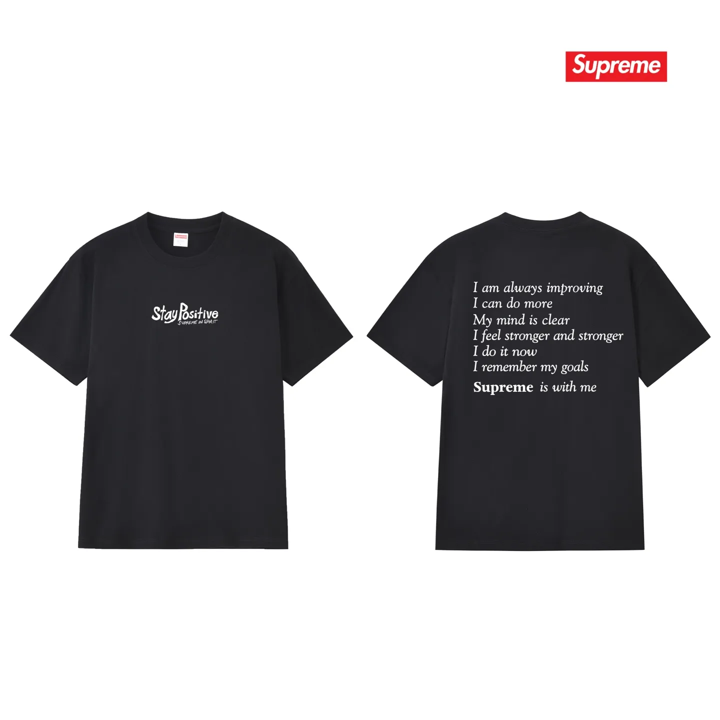 S233 P110💰 Supreme Week 1 Stay Positive Tee Stay Positive English printed round neck short-sleeved American trendy T-shirt. Same style for men and women. Loose fit. Made of 260g combed cotton double yarn. All three standards are complete from fabrics to accessories. ZP. Imported Matsui company's slurry printing will never crack. The whole piece adopts three-needle five-thread technology. The collar-shoulder seam-sleeve seam is double-lined, which looks more three-dimensional and textured.) The same process as the original version, classic version Feel free to compare zp. The whole piece adopts three-needle five-thread craftsmanship (neckline-shoulder seam-sleeve seam double thread, which looks more three-dimensional and textured). It has the same craftsmanship as the original original, classic version. Color: black, white, light gray, pink, navy. Size: S M L XL XXL