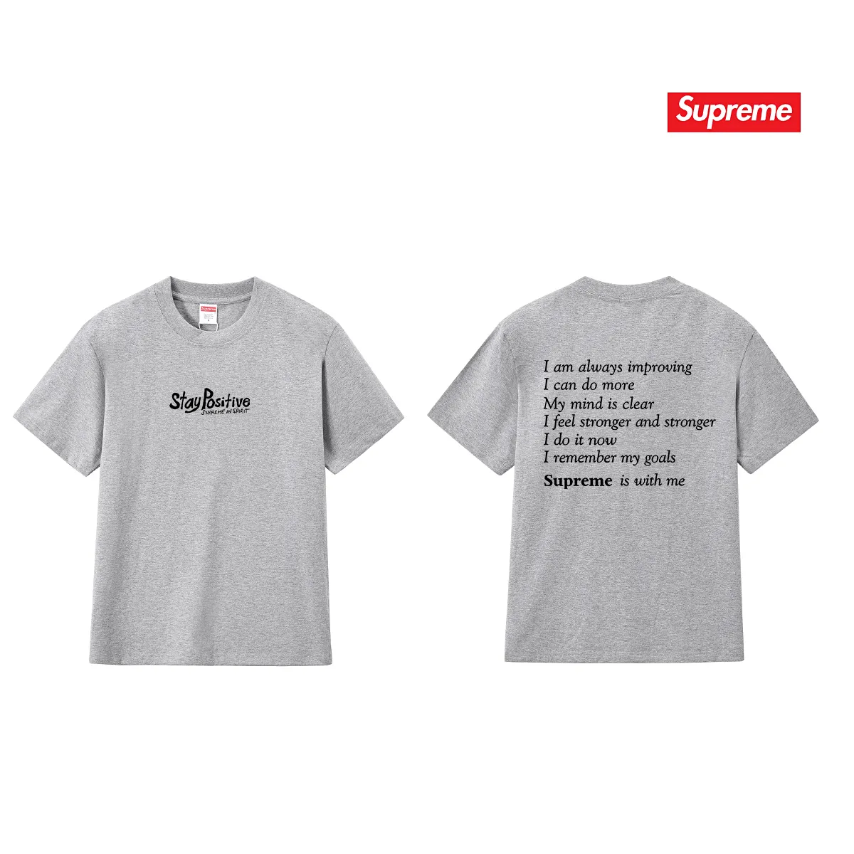 S233 P110💰 Supreme Week 1 Stay Positive Tee Stay Positive English printed round neck short-sleeved American trendy T-shirt. Same style for men and women. Loose fit. Made of 260g combed cotton double yarn. All three standards are complete from fabrics to accessories. ZP. Imported Matsui company's slurry printing will never crack. The whole piece adopts three-needle five-thread technology. The collar-shoulder seam-sleeve seam is double-lined, which looks more three-dimensional and textured.) The same process as the original version, classic version Feel free to compare zp. The whole piece adopts three-needle five-thread craftsmanship (neckline-shoulder seam-sleeve seam double thread, which looks more three-dimensional and textured). It has the same craftsmanship as the original original, classic version. Color: black, white, light gray, pink, navy. Size: S M L XL XXL