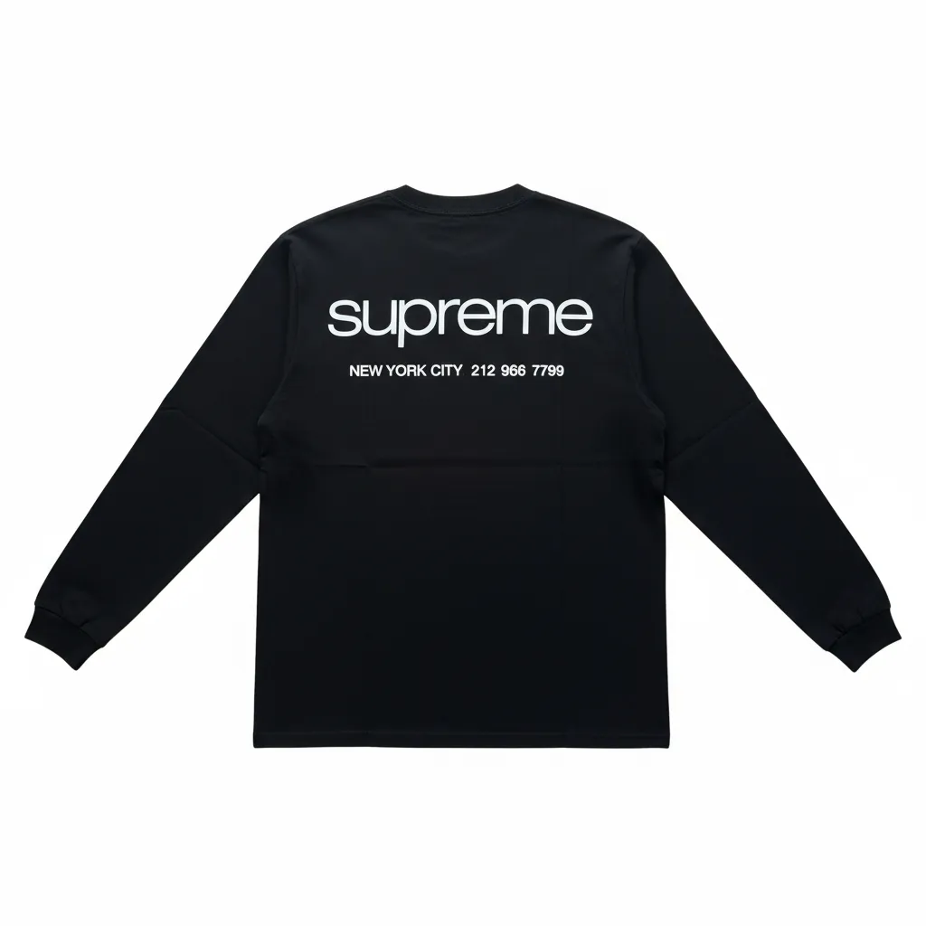 P140 Supreme FW23 WEEK17 NYC TEE logo round neck long-sleeved T-shirt, same style for men and women, using cylindrical seamless technology (original technology, there are no stitching bones on the side of the clothes, key points of identification) Fabric: All custom-woven and dyed, 280g weight, 100% cotton, cylindrical cloth, cylindrical cloth is a knitted fabric woven with a cylinder loom, the needles are distributed in a cylindrical shape on the fuselage, and the gray fabric is a large cylinder It needs to be opened and shaped before it can be used further. There is no slit on the side of the clothes, so there is no washing label on the side of ordinary short-sleeved clothes. There is only one collar label behind the neck, so the shape is very correct and not easy to deform (color: black and white)
