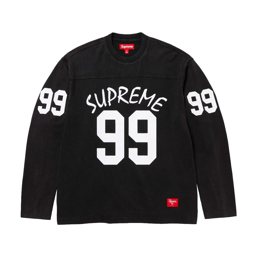 🅿️240 S261 top version Supreme 24ss 99 L/S FOOTBALL TOP 198 printed long sleeves ZP test custom-woven and dyed pure cotton 320g fabric Printing uses thermoset ink printing, also known as plastic ink, or self-adhesive ink. Its ingredients are: mainly composed of polyvinyl chloride (PVC) and phthalates. PVC and phthalates, color fixing agents, stabilizers, and thickeners are mixed to form thermoset ink. It is not the digital direct printing advertised on the market. The printing texture of thermoset ink is unachievable by digital direct printing. Customized ZP co-branding Main label/wash water label/tag/packaging bag (equipped with extra large thickened handbag) There is a probability of passing the inspection version, and the original packaging picture has a high probability of passing. Size: S-XL