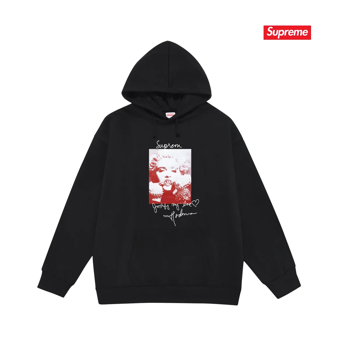 Style No. S2206 #terry P160💰 Velvet P170💰 Supreme FW18 Madonna Tee Navy Madonna printed hooded sweatshirt Made of 400g large terry 430g silver fox velvet (off-shoulder large version) fabric, soft texture and no pilling Imported environmentally friendly printing glue The pattern is bright and three-dimensional Quality 💥Same style for men and women The upper body is trendy Color: black white gray Size: S M L XL XXL