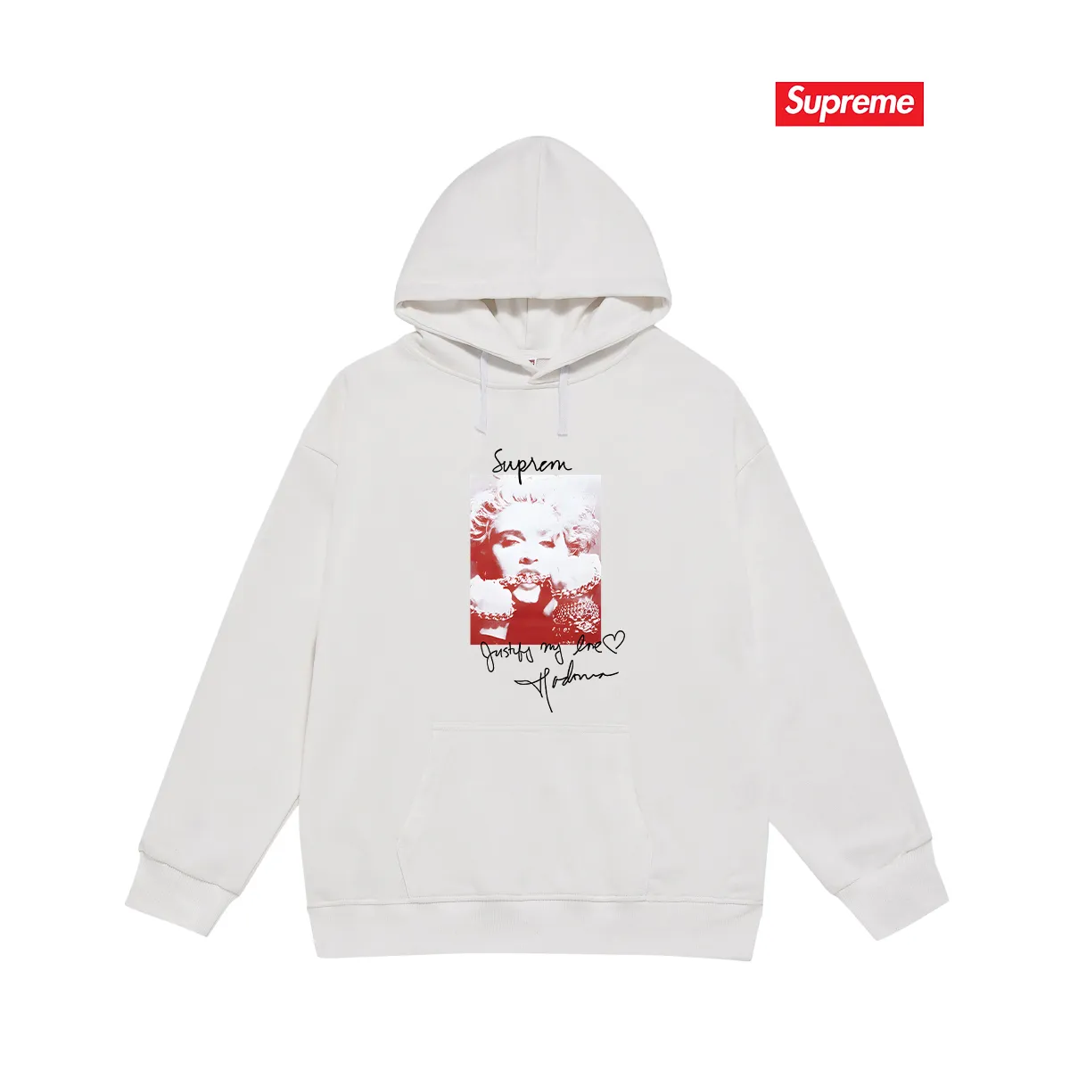 Style No. S2206 #terry P160💰 Velvet P170💰 Supreme FW18 Madonna Tee Navy Madonna printed hooded sweatshirt Made of 400g large terry 430g silver fox velvet (off-shoulder large version) fabric, soft texture and no pilling Imported environmentally friendly printing glue The pattern is bright and three-dimensional Quality 💥Same style for men and women The upper body is trendy Color: black white gray Size: S M L XL XXL