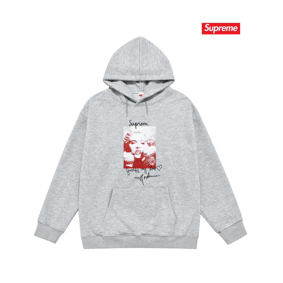 Style No. S2206 #terry P160💰 Velvet P170💰 Supreme FW18 Madonna Tee Navy Madonna printed hooded sweatshirt Made of 400g large terry 430g silver fox velvet (off-shoulder large version) fabric, soft texture and no pilling Imported environmentally friendly printing glue The pattern is bright and three-dimensional Quality 💥Same style for men and women The upper body is trendy Color: black white gray Size: S M L XL XXL