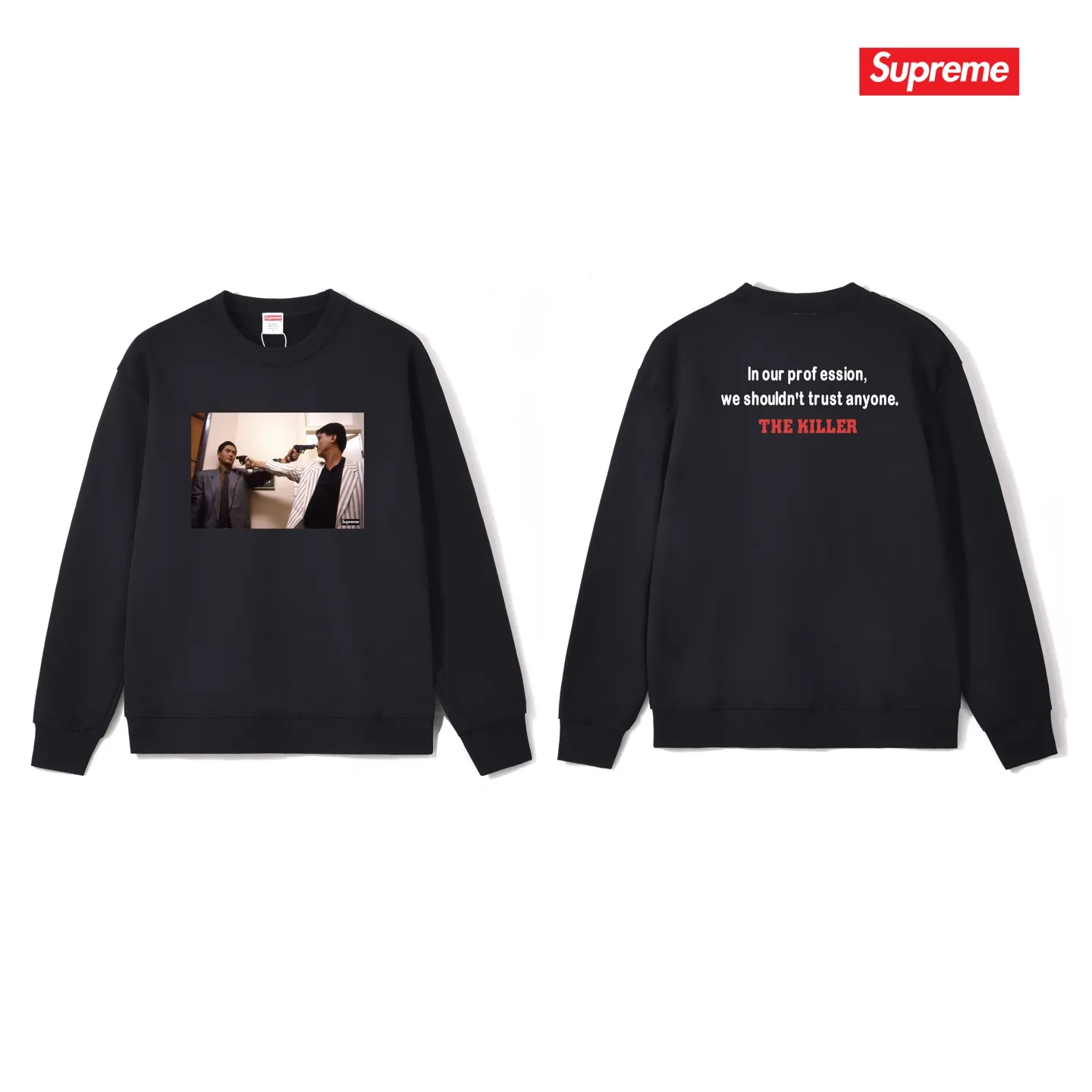Style No. S1036 #terryp150💰 Velvet 160💰 Supreme FW18 The Killer Trust Tee Red Chow Yun-fat printed round neck sweatshirt Made of 400 grams of large terry (drop shoulder large version) fabric, soft texture and no pilling Imported environmentally friendly printing glue The pattern is bright and three-dimensional Quality 💥Same style for men and women The upper body is trendy Color: black white gray Size: S M L XL XXL