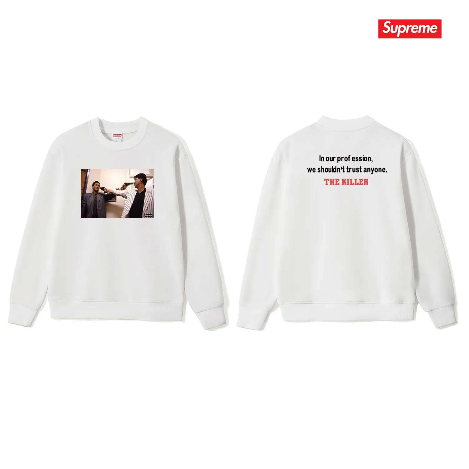 Style No. S1036 #terryp150💰 Velvet 160💰 Supreme FW18 The Killer Trust Tee Red Chow Yun-fat printed round neck sweatshirt Made of 400 grams of large terry (drop shoulder large version) fabric, soft texture and no pilling Imported environmentally friendly printing glue The pattern is bright and three-dimensional Quality 💥Same style for men and women The upper body is trendy Color: black white gray Size: S M L XL XXL