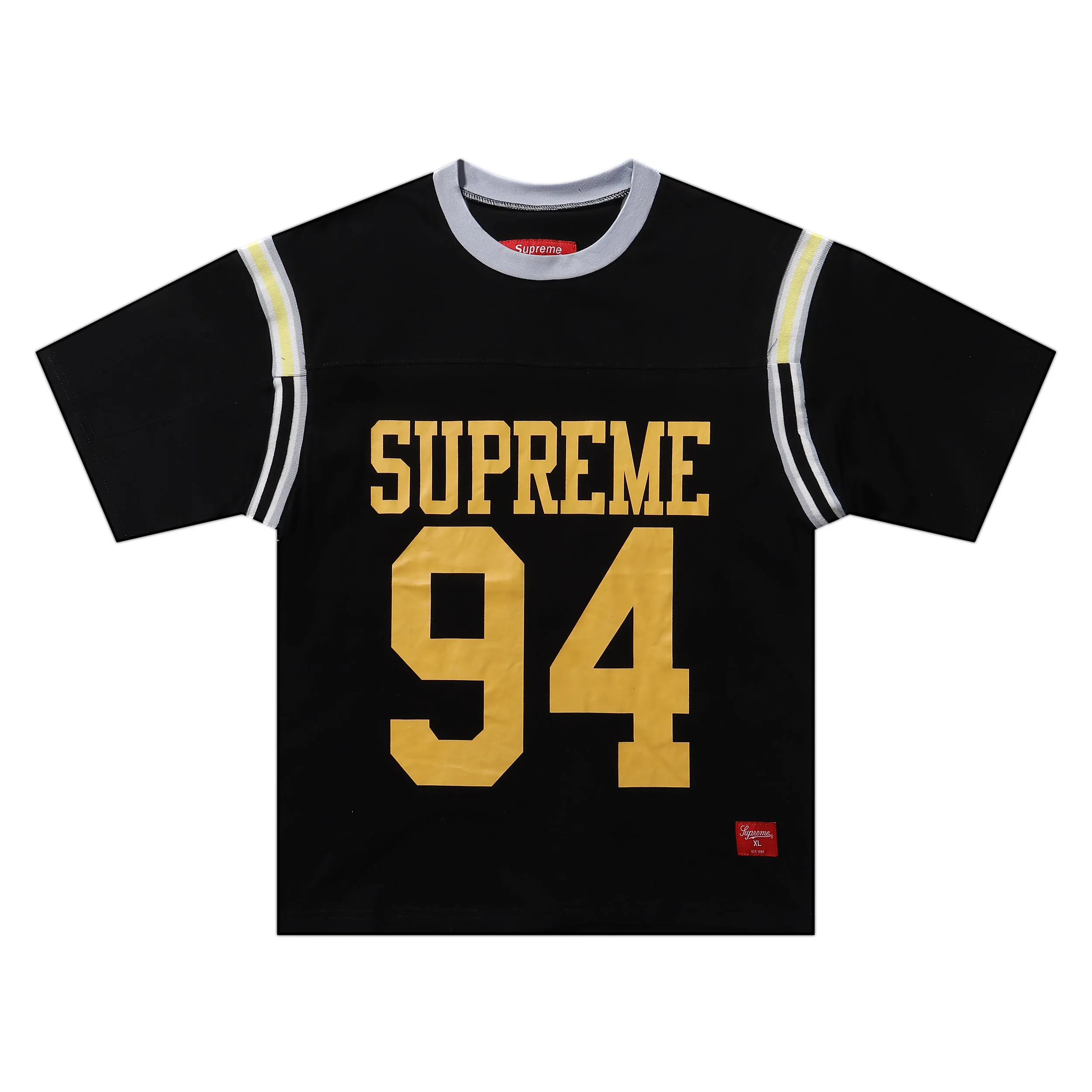 P170 Supreme SS25 WEEK8 Split S/S Football Top patchwork pattern ribbed round neck short-sleeved American fashion football jersey, same style for men and women, black smlxl size shoulder width chest length S 46 52 68 M 47 54 70 L 48 56 72 XL 49 58 74