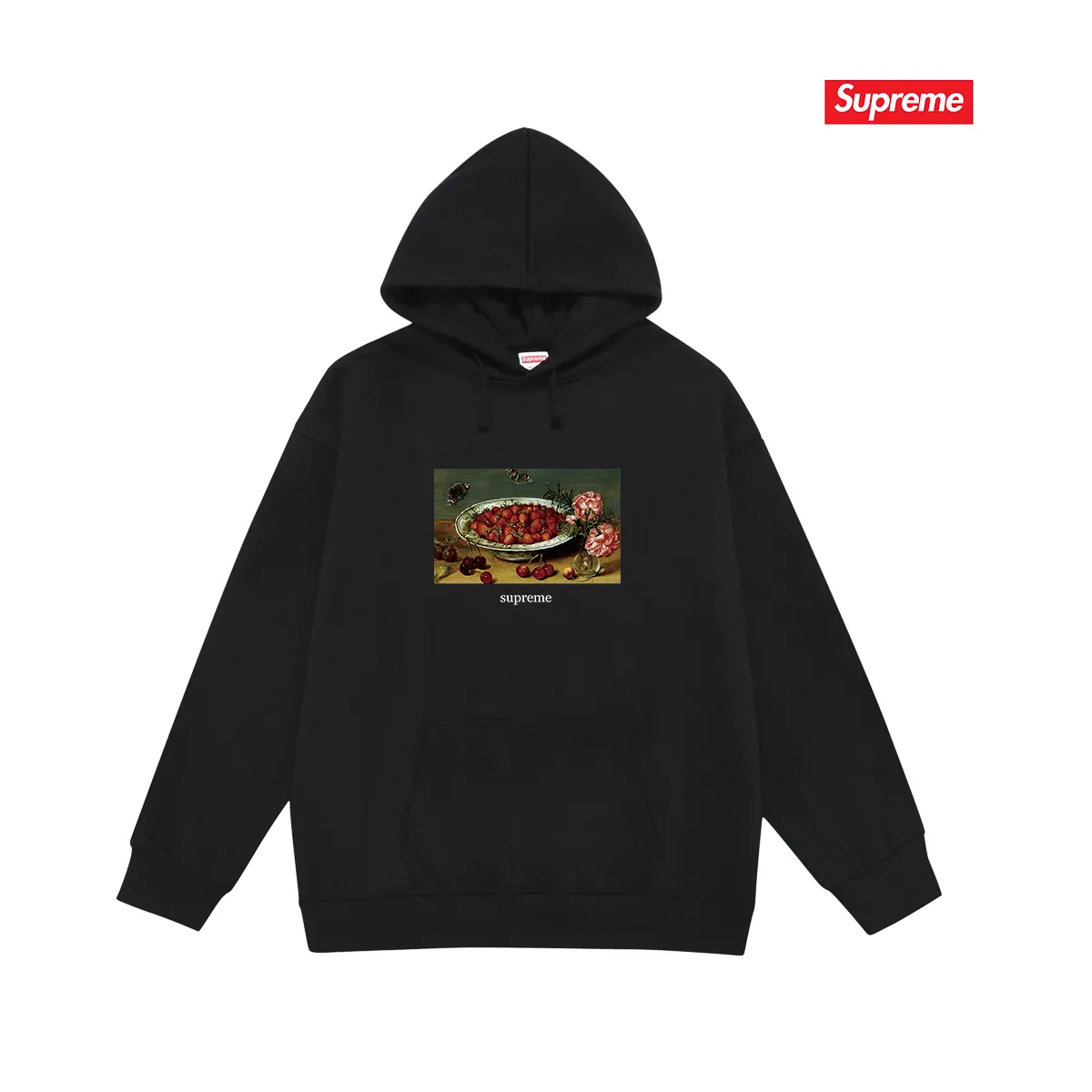 Style number S2016 #terry P160💰 Velvet P170💰 Supreme SS23 Week9 STRAWBERRIES TEE Strawberry pattern printed hooded sweatshirt Made of 400g large terry 430g silver fox velvet (drop shoulder large version) fabric, soft texture and no pilling Imported environmentally friendly printing glue The pattern is bright and three-dimensional Quality 💥Same style for men and women The upper body is trendy Color: black white gray Size: S M L XL XXL
