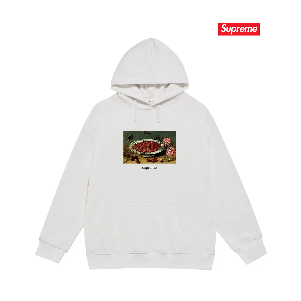 Style number S2016 #terry P160💰 Velvet P170💰 Supreme SS23 Week9 STRAWBERRIES TEE Strawberry pattern printed hooded sweatshirt Made of 400g large terry 430g silver fox velvet (drop shoulder large version) fabric, soft texture and no pilling Imported environmentally friendly printing glue The pattern is bright and three-dimensional Quality 💥Same style for men and women The upper body is trendy Color: black white gray Size: S M L XL XXL