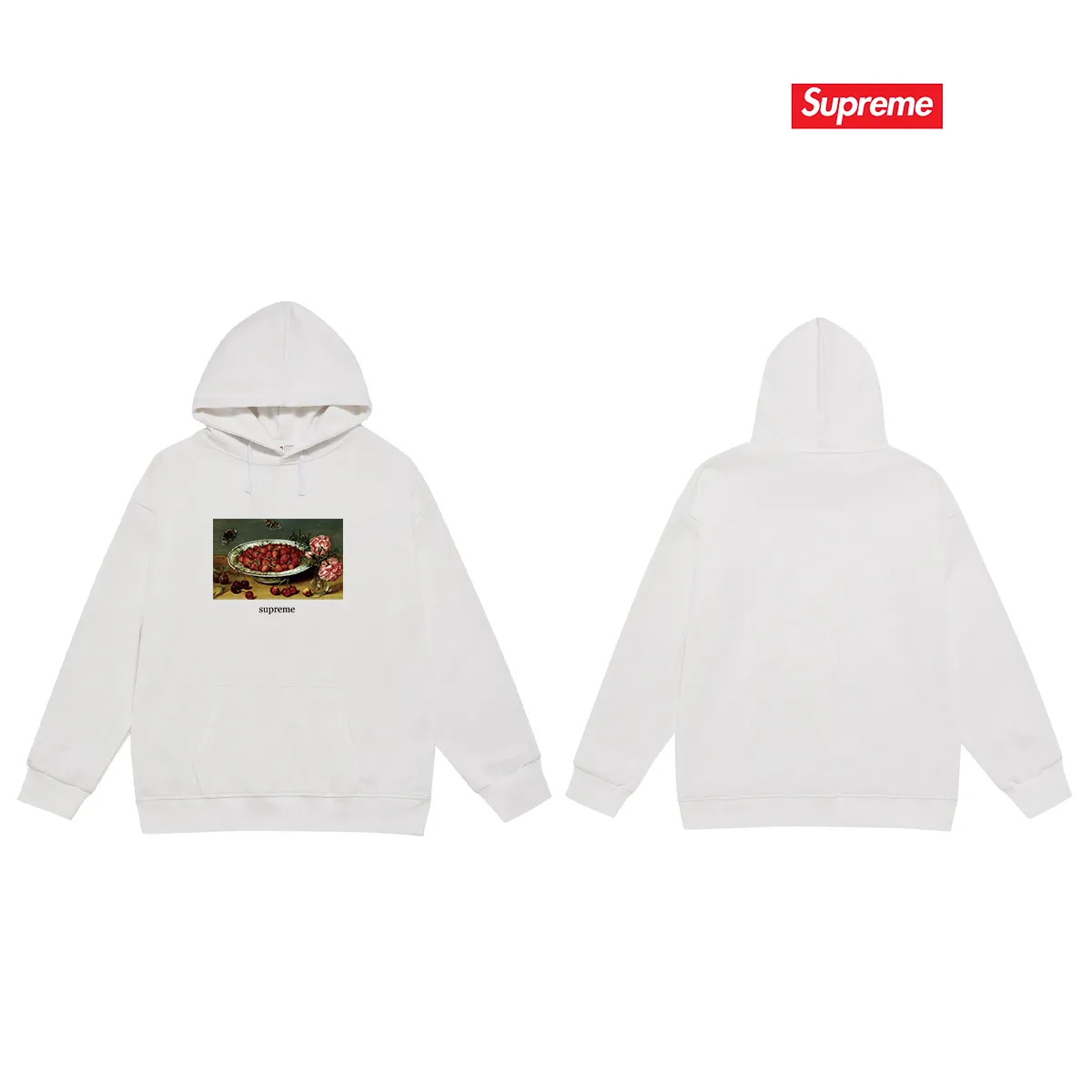 Style number S2016 #terry P160💰 Velvet P170💰 Supreme SS23 Week9 STRAWBERRIES TEE Strawberry pattern printed hooded sweatshirt Made of 400g large terry 430g silver fox velvet (drop shoulder large version) fabric, soft texture and no pilling Imported environmentally friendly printing glue The pattern is bright and three-dimensional Quality 💥Same style for men and women The upper body is trendy Color: black white gray Size: S M L XL XXL