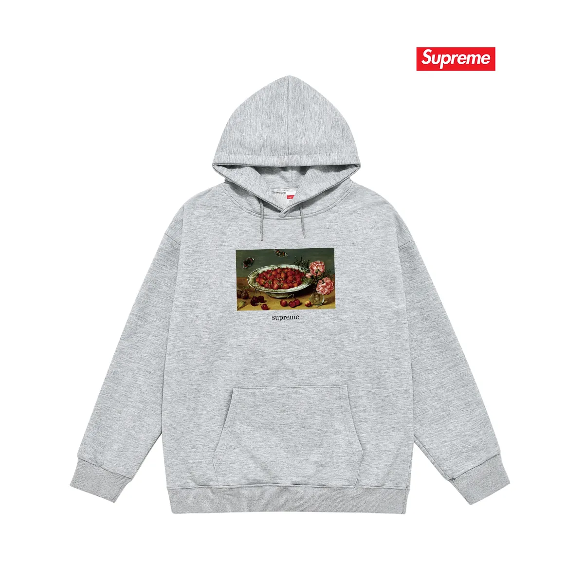 Style number S2016 #terry P160💰 Velvet P170💰 Supreme SS23 Week9 STRAWBERRIES TEE Strawberry pattern printed hooded sweatshirt Made of 400g large terry 430g silver fox velvet (drop shoulder large version) fabric, soft texture and no pilling Imported environmentally friendly printing glue The pattern is bright and three-dimensional Quality 💥Same style for men and women The upper body is trendy Color: black white gray Size: S M L XL XXL