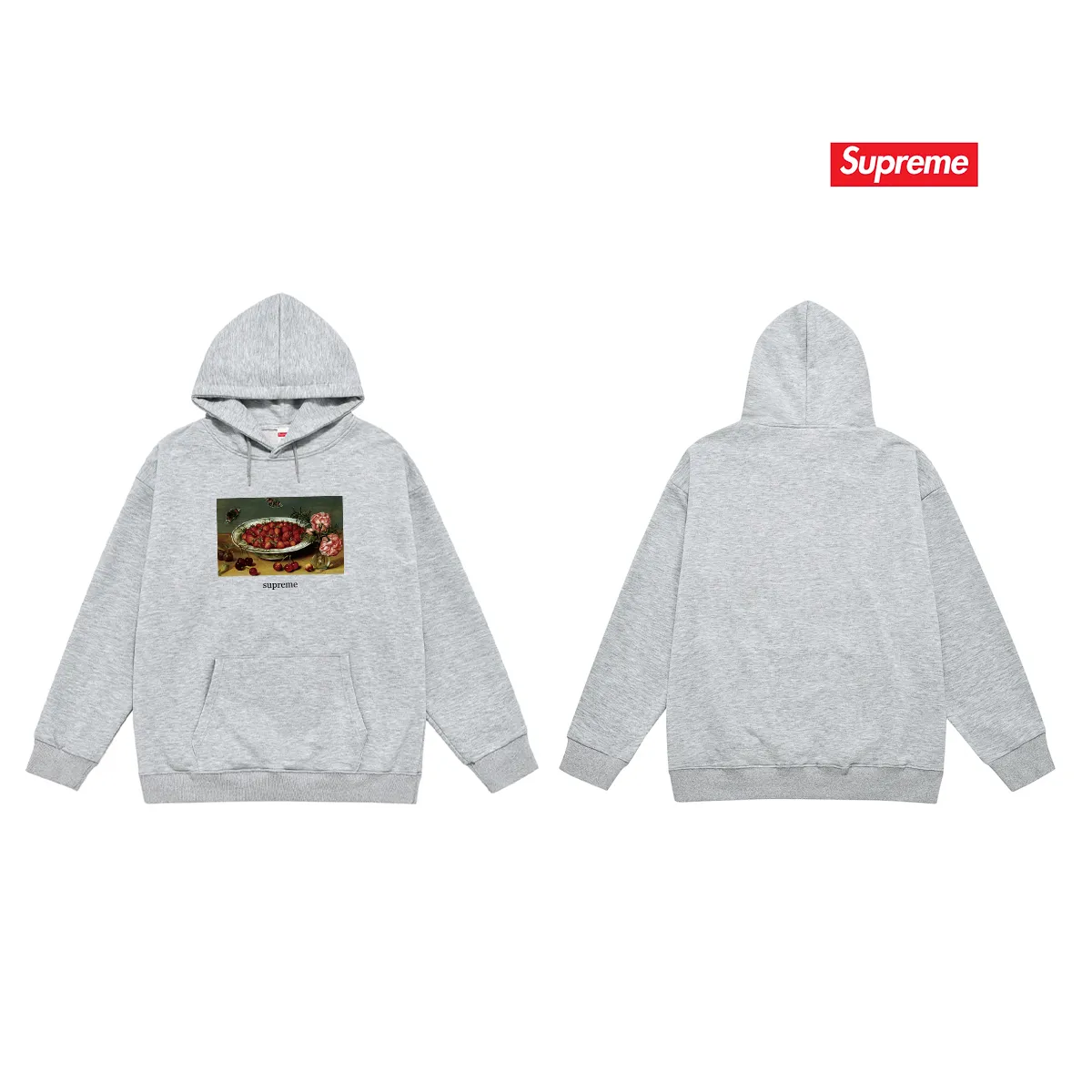 Style number S2016 #terry P160💰 Velvet P170💰 Supreme SS23 Week9 STRAWBERRIES TEE Strawberry pattern printed hooded sweatshirt Made of 400g large terry 430g silver fox velvet (drop shoulder large version) fabric, soft texture and no pilling Imported environmentally friendly printing glue The pattern is bright and three-dimensional Quality 💥Same style for men and women The upper body is trendy Color: black white gray Size: S M L XL XXL