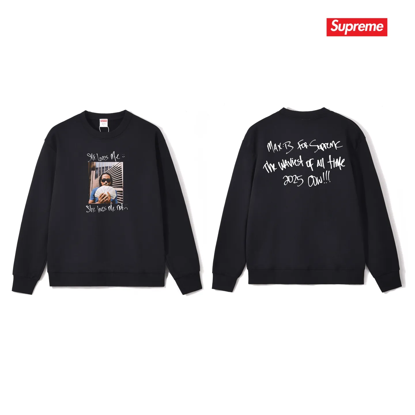 Style No. S1140 #terry p150💰 Plush 160💰 SS25 Sup She loves me printed round neck sweatshirt Made of 400g large terry (drop shoulder large version) fabric, soft texture and no pilling Imported environmentally friendly printing glue The pattern is bright and three-dimensional Quality💥Same style for men and women The upper body is trendy Color: black white gray Size: S M L XL XXL