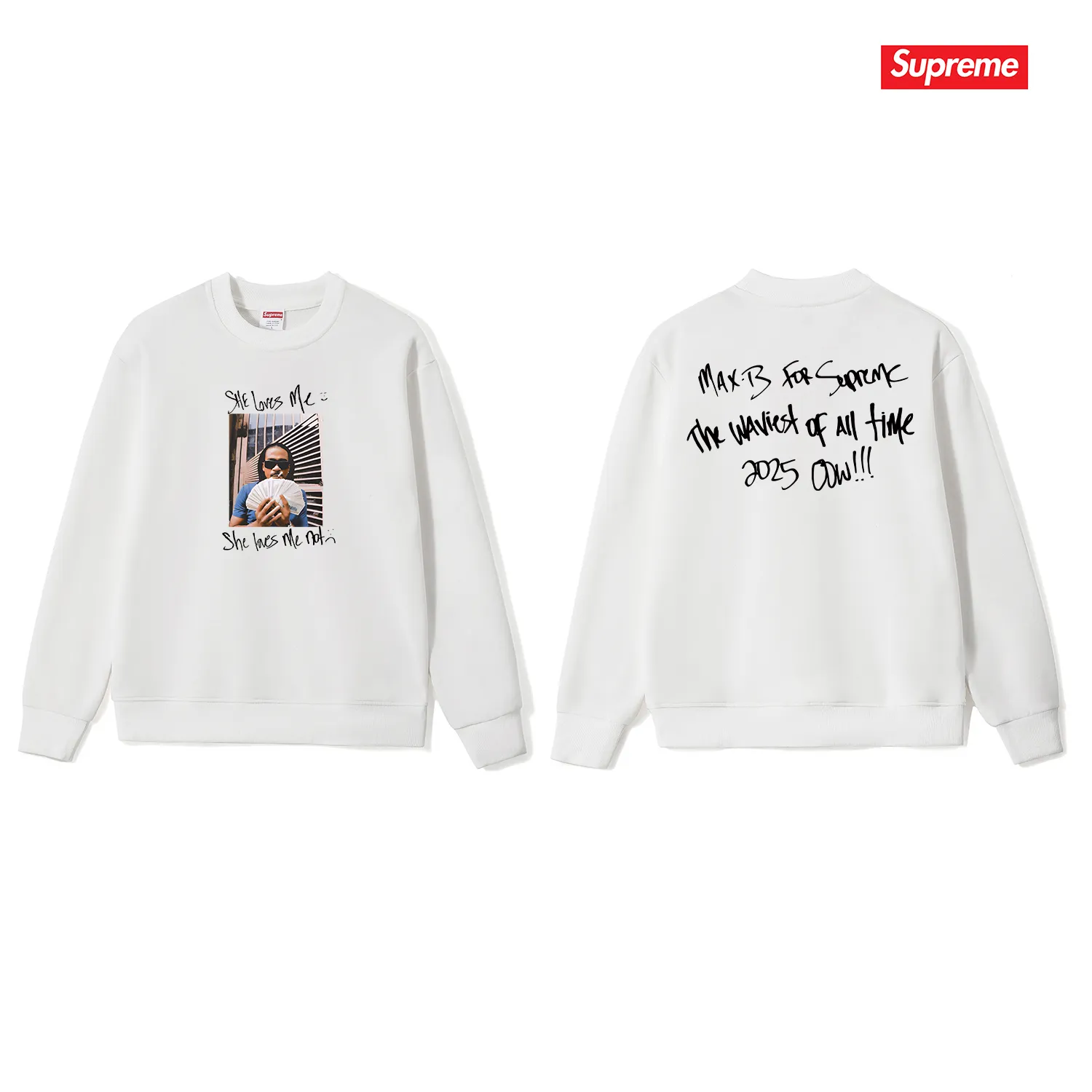 Style No. S1140 #terry p150💰 Plush 160💰 SS25 Sup She loves me printed round neck sweatshirt Made of 400g large terry (drop shoulder large version) fabric, soft texture and no pilling Imported environmentally friendly printing glue The pattern is bright and three-dimensional Quality💥Same style for men and women The upper body is trendy Color: black white gray Size: S M L XL XXL