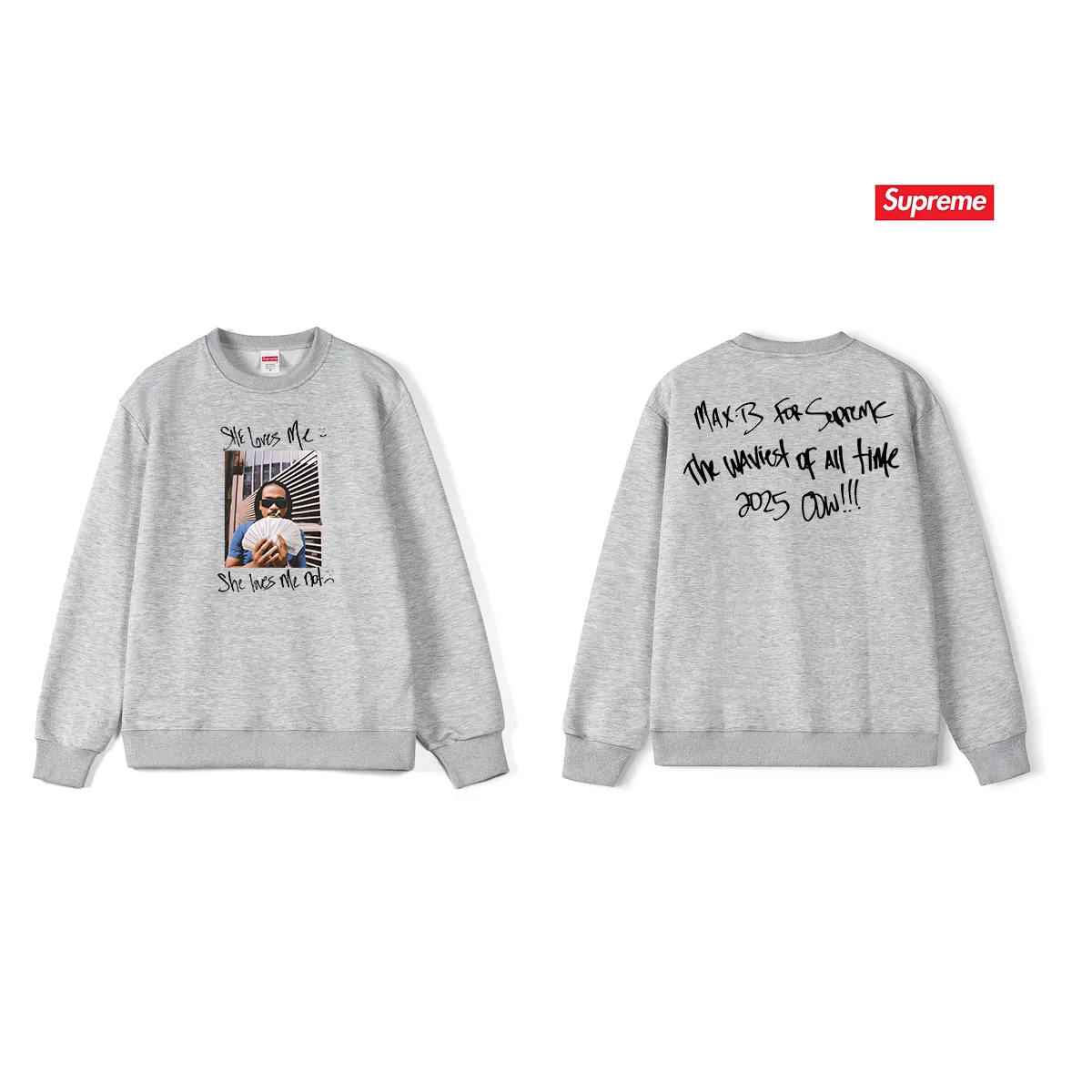 Style No. S1140 #terry p150💰 Plush 160💰 SS25 Sup She loves me printed round neck sweatshirt Made of 400g large terry (drop shoulder large version) fabric, soft texture and no pilling Imported environmentally friendly printing glue The pattern is bright and three-dimensional Quality💥Same style for men and women The upper body is trendy Color: black white gray Size: S M L XL XXL