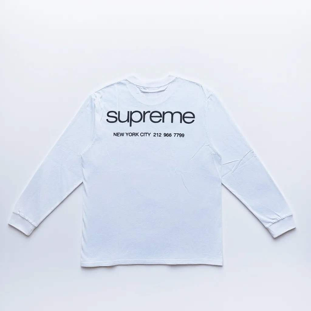 P140 Supreme FW23 WEEK17 NYC TEE logo round neck long-sleeved T-shirt, same style for men and women, using cylindrical seamless technology (original technology, there are no stitching bones on the side of the clothes, key points of identification) Fabric: All custom-woven and dyed, 280g weight, 100% cotton, cylindrical cloth, cylindrical cloth is a knitted fabric woven with a cylinder loom, the needles are distributed in a cylindrical shape on the fuselage, and the gray fabric is a large cylinder It needs to be opened and shaped before it can be used further. There is no slit on the side of the clothes, so there is no washing label on the side of ordinary short-sleeved clothes. There is only one collar label behind the neck, so the shape is very correct and not easy to deform (color: black and white)