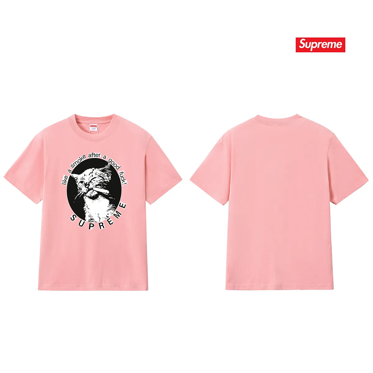 S158 P110💰 Sup 76SS Smoke Cute kitten smoking pattern printed American cotton short-sleeved trendy loose T-shirt. Loose fit. Made of 260g combed cotton double yarn. From fabric to accessories, all three standards are complete and follow ZP. Imported Matsui company slurry printing will never crack. The whole piece adopts three-needle five-thread process. The neckline-shoulder seam-sleeve seam is double-lined, which looks more three-dimensional and textured. The same process as the original version, classic fit. Feel free to compare zp. The whole piece adopts three-needle five-thread craftsmanship (neckline-shoulder seam-sleeve seam double thread, which looks more three-dimensional and textured). It has the same craftsmanship as the original original, classic version. Color: black, white, light gray, navy blue, pink. Size: S M L XL XXL
