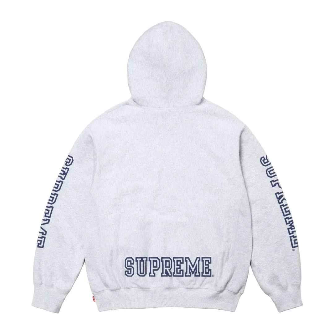 S576💰p330 Top version Supreme 24FW COLLEGIATE SLEEVE HOODED letter printed sweatshirt 1. Fabric: ZP testing, custom weaving and dyeing, pure cotton 460G plus velvet main fabric, horizontal cutting 520G 2X2 thread 2. Printing: Printing uses thermoset ink printing, also known as plastic ink, or self-adhesive ink. Its ingredients are: mainly composed of polyvinyl chloride (PVC) and phthalates. PVC and phthalates, color fixing agents, stabilizers, and thickeners are mixed to form thermoset ink. It is not the digital direct printing advertised on the market. The printing texture of thermoset ink cannot be achieved by digital direct printing. 3. Sewing process: Twelve places of the whole garment are made of boneless splicing technology, processed by experienced foreign trade factories (ordinary factories cannot do it) 4. Hem and cuffs: all use 520G inelastic threads (low-end products use elastic threads to cause the hem and cuffs to appear wavy) 5. Customized ZP main label/wash water label/hangtag/packaging bag (equipped with an extra-large thickened handbag) Size: S~XL