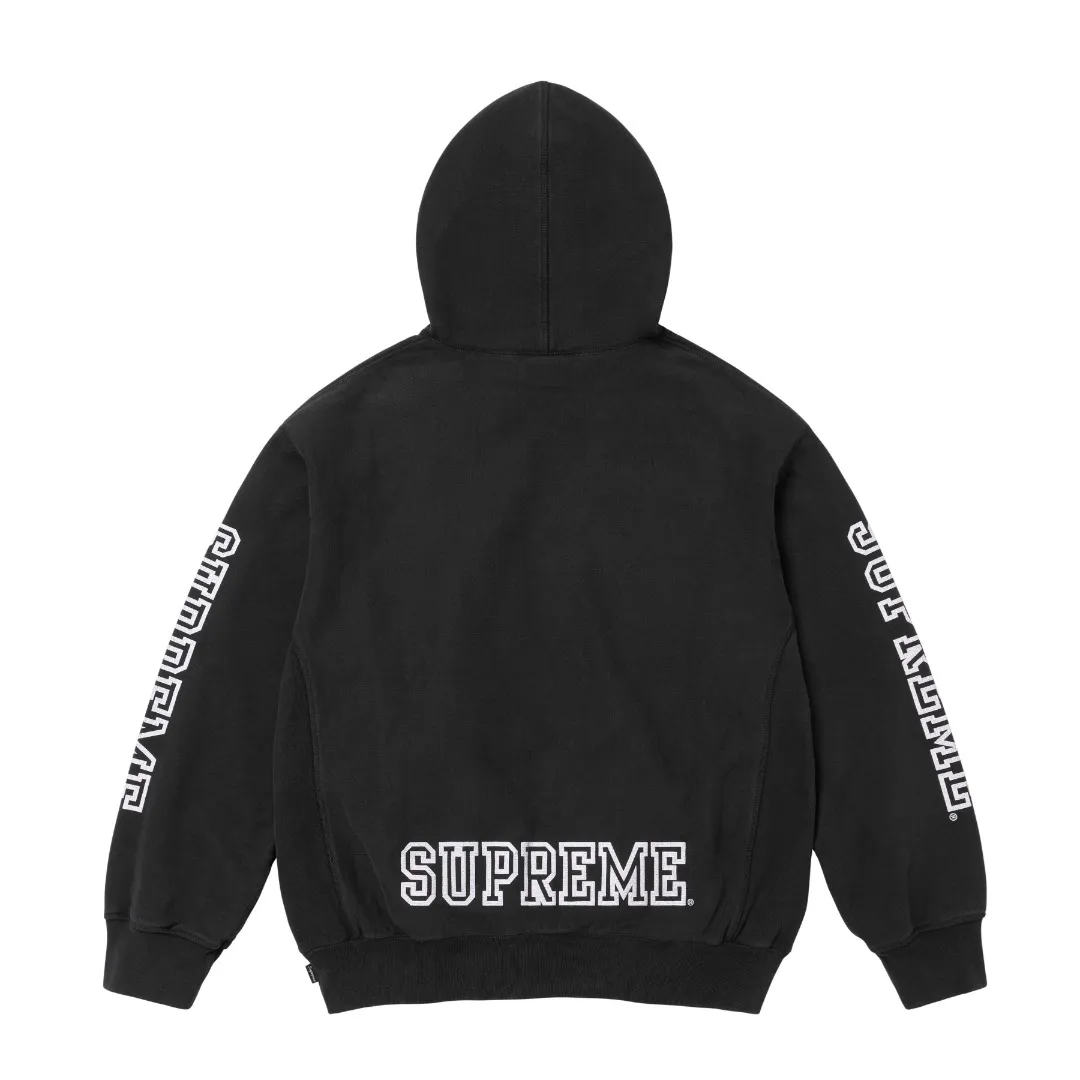 S576💰p330 Top version Supreme 24FW COLLEGIATE SLEEVE HOODED letter printed sweatshirt 1. Fabric: ZP testing, custom weaving and dyeing, pure cotton 460G plus velvet main fabric, horizontal cutting 520G 2X2 thread 2. Printing: Printing uses thermoset ink printing, also known as plastic ink, or self-adhesive ink. Its ingredients are: mainly composed of polyvinyl chloride (PVC) and phthalates. PVC and phthalates, color fixing agents, stabilizers, and thickeners are mixed to form thermoset ink. It is not the digital direct printing advertised on the market. The printing texture of thermoset ink cannot be achieved by digital direct printing. 3. Sewing process: Twelve places of the whole garment are made of boneless splicing technology, processed by experienced foreign trade factories (ordinary factories cannot do it) 4. Hem and cuffs: all use 520G inelastic threads (low-end products use elastic threads to cause the hem and cuffs to appear wavy) 5. Customized ZP main label/wash water label/hangtag/packaging bag (equipped with an extra-large thickened handbag) Size: S~XL