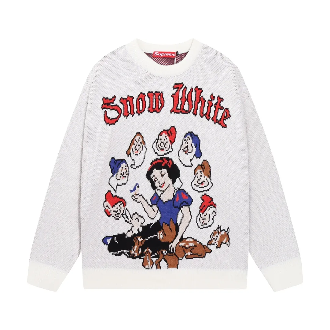 P300 supreme Snow White and the Seven Dwarfs jacquard crew neck sweater Color: Black White Size: S M L XL XXL