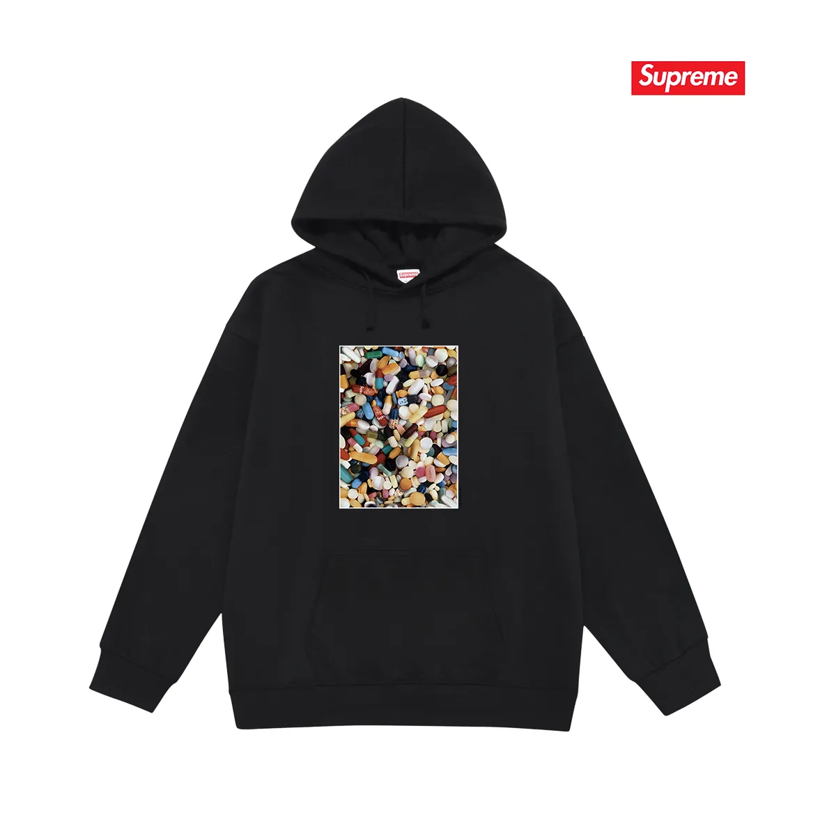 Style No. S2014 #terry P160💰 Velvet P170💰 Supreme Week 7 Pills Tee pill tee printed hooded sweatshirt Made of 400g large terry 430g silver fox velvet (drop shoulder large version) fabric, soft texture and no pilling Imported environmentally friendly printing glue The pattern is bright and three-dimensional Quality 💥Same style for men and women The upper body is trendy Color: black white gray Size: S M L XL XXL