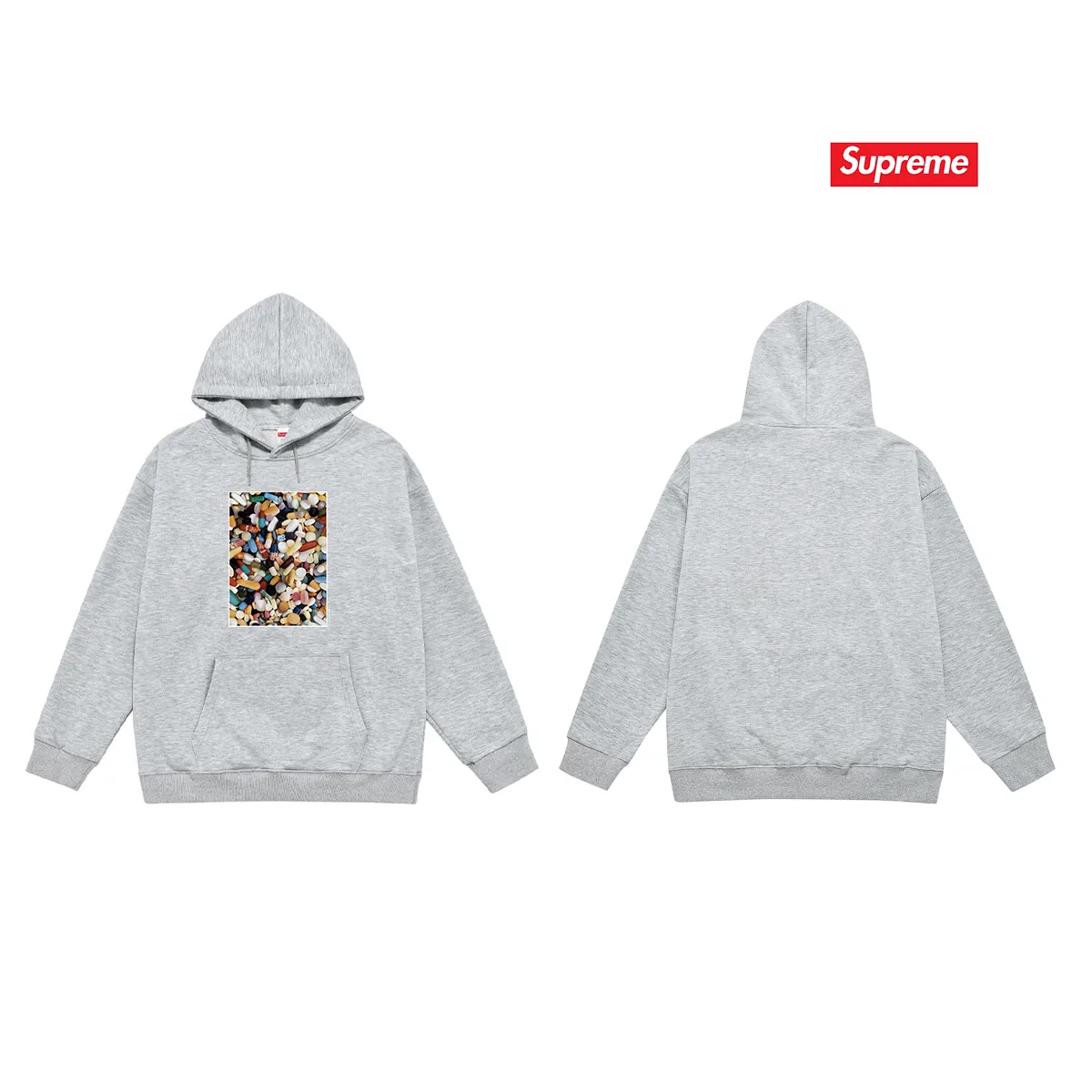 Style No. S2014 #terry P160💰 Velvet P170💰 Supreme Week 7 Pills Tee pill tee printed hooded sweatshirt Made of 400g large terry 430g silver fox velvet (drop shoulder large version) fabric, soft texture and no pilling Imported environmentally friendly printing glue The pattern is bright and three-dimensional Quality 💥Same style for men and women The upper body is trendy Color: black white gray Size: S M L XL XXL