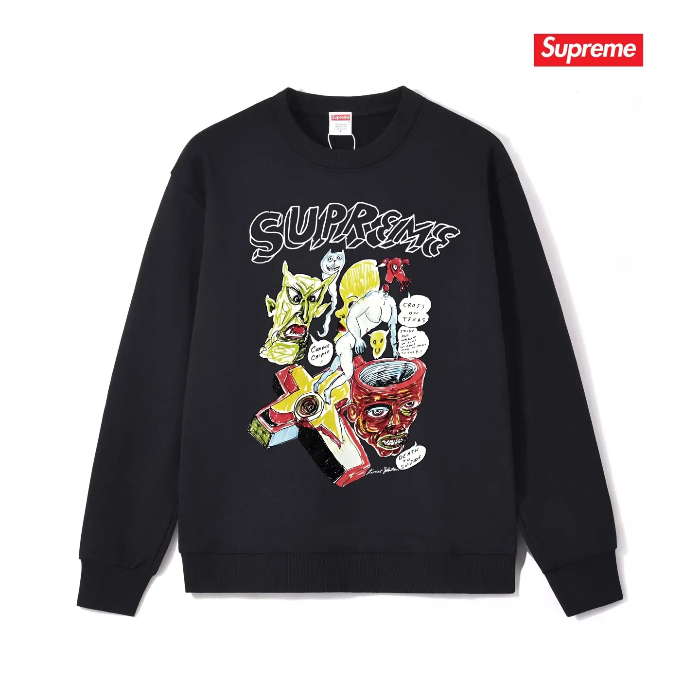 Style No. S1089 #terry p150💰 Velvet 160💰 Supreme Week 12 x Daniel Johnston joint model artistic print round neck sweatshirt Made of 400 grams of large terry (drop shoulder large version) fabric, soft texture and no pilling Imported environmentally friendly printing glue The pattern is bright and three-dimensional Quality💥Same style for men and women The upper body is trendy Color: black white gray Size: S M L XL XXL
