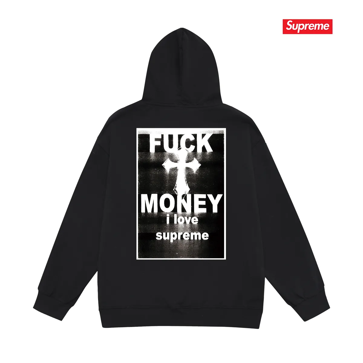 Style No. S2085 #terry P160💰 Velvet P170💰 Supreme FW24 WEEK1 Money Tee hooded sweatshirt with letter cross print on the back. Made of 400g large terry 430g silver fox velvet (drop shoulder large version) fabric. The texture is soft and non-pilling. Imported environmentally friendly printing glue. The pattern is bright and three-dimensional. Quality💥Same style for men and women. The upper body is trendy. Color: black white gray Size: S M L XL XXL