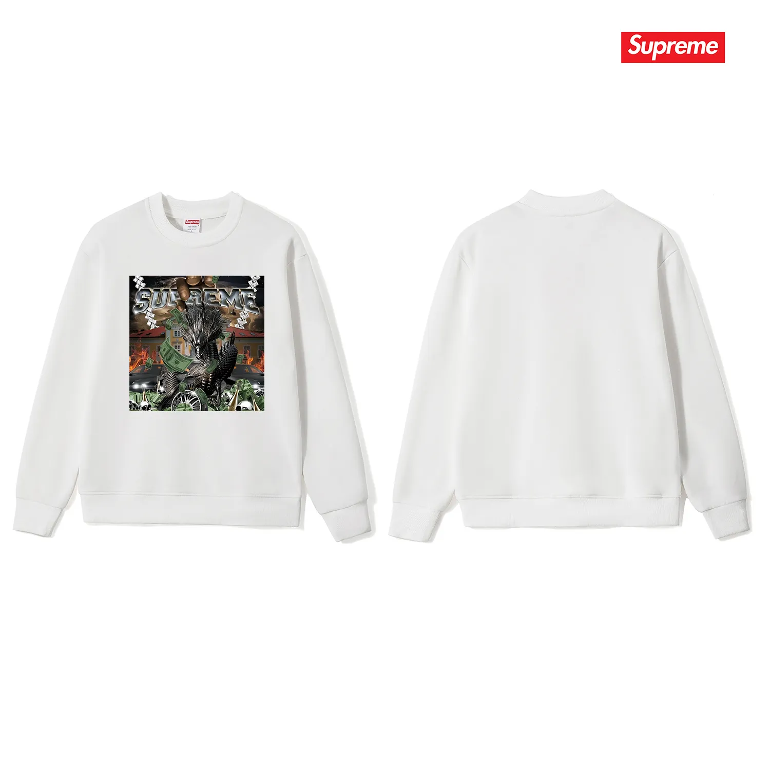 Style No. S1022 #terry p150💰 Plush 160💰 Supreme Week 8 Dragon Tee Mechanical dragon print round neck sweatshirt Made of 400g large terry (drop shoulder large version) fabric, soft texture and no pilling Imported environmentally friendly printing glue The pattern is bright and three-dimensional Quality💥Same style for men and women The upper body is trendy Color: black white gray Size: S M L XL XXL