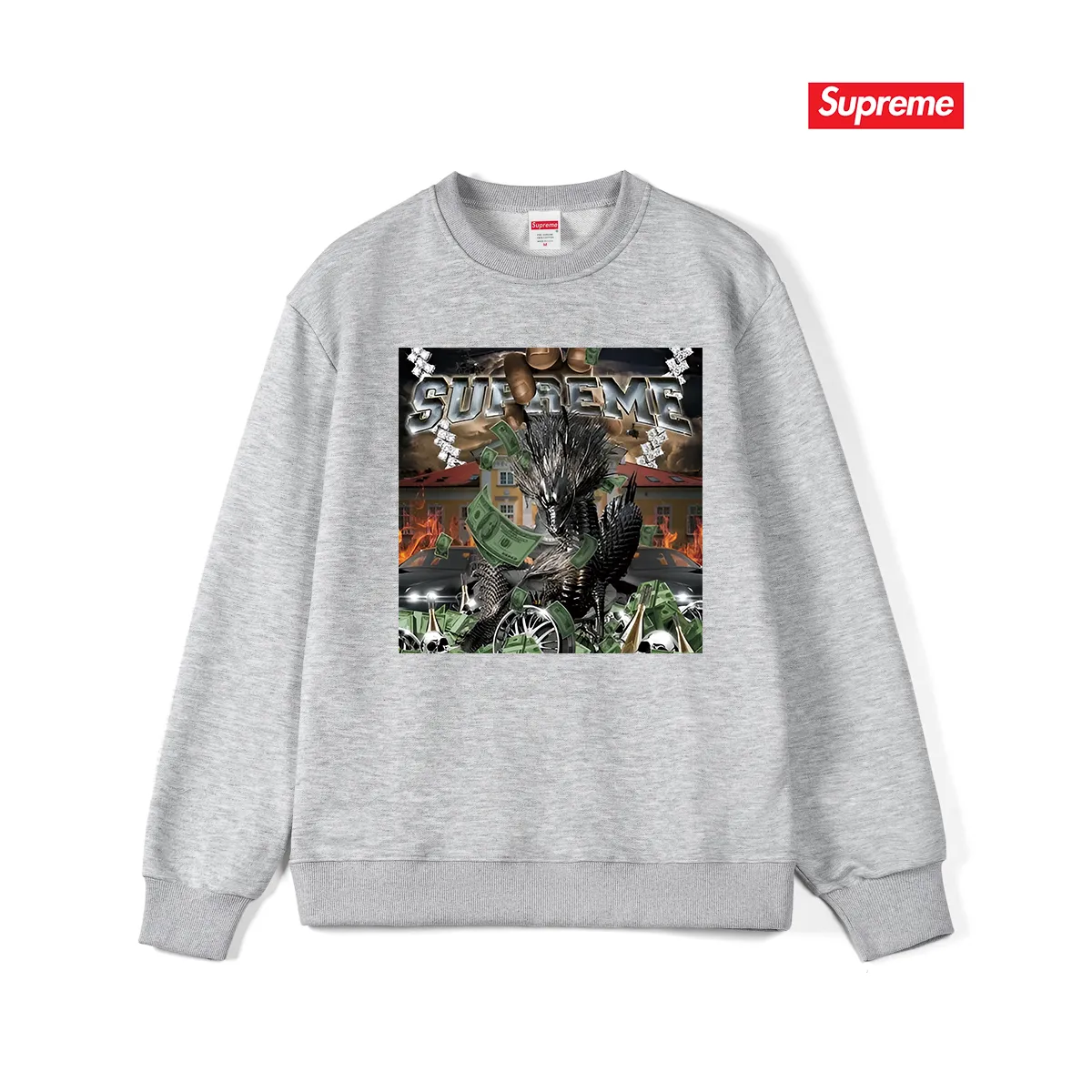 Style No. S1022 #terry p150💰 Plush 160💰 Supreme Week 8 Dragon Tee Mechanical dragon print round neck sweatshirt Made of 400g large terry (drop shoulder large version) fabric, soft texture and no pilling Imported environmentally friendly printing glue The pattern is bright and three-dimensional Quality💥Same style for men and women The upper body is trendy Color: black white gray Size: S M L XL XXL