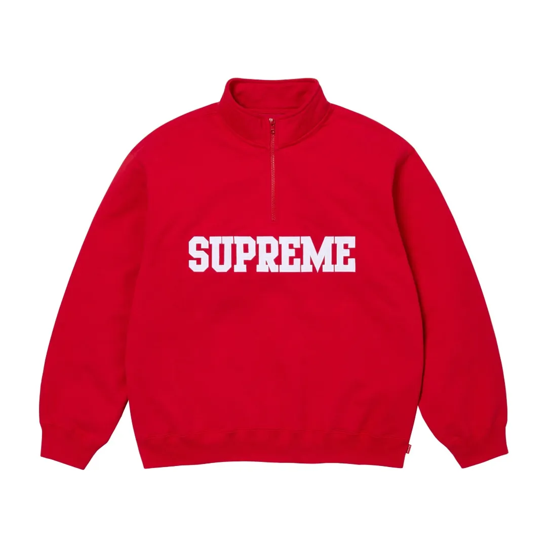 🅿️350 S269 top version Supreme 24FW Collegiate Half Zip Pullover letter logo half-zip sweatshirt 1. Fabric: Custom-woven and dyed according to ZP testing, pure cotton 460G fleece main fabric 2. Technology: extra custom-dyed machine patches, large area embroidered letters on the front, imported Behringer embroidery machine operation, exquisite and perfect presentation 3. Hem and cuffs: Customized color matching threads are made of 520G Inelastic thread (low-end products use elastic thread, causing the hem and cuffs to appear wavy) 4. Customized ZP YKK zipper/main label/wash label/tag/packaging bag (equipped with extra-large thickened handbag) Size: S~XL