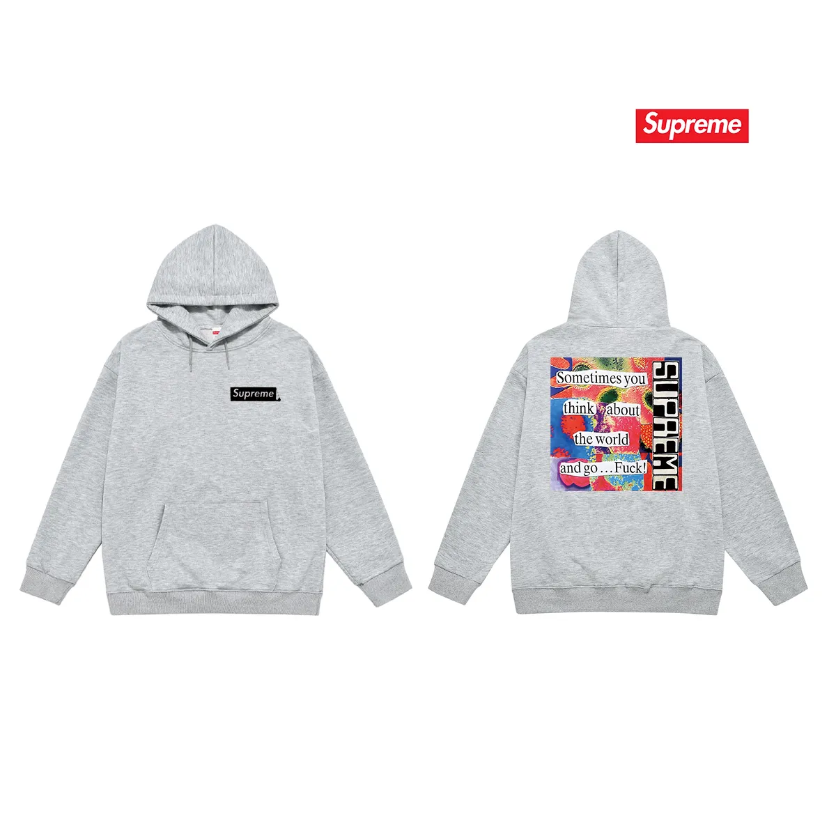 Style No. S2070 #terry P160💰 Velvet P170💰 Balenciaga co-branded supreme printed hooded sweatshirt Made of 400g large terry 430g silver fox velvet (off-shoulder large version) fabric, soft and non-pilling, imported environmentally friendly printing glue, bright and three-dimensional pattern, quality 💥Same style for men and women. The upper body is trendy. Color: black white gray Size: S M L XL XXL