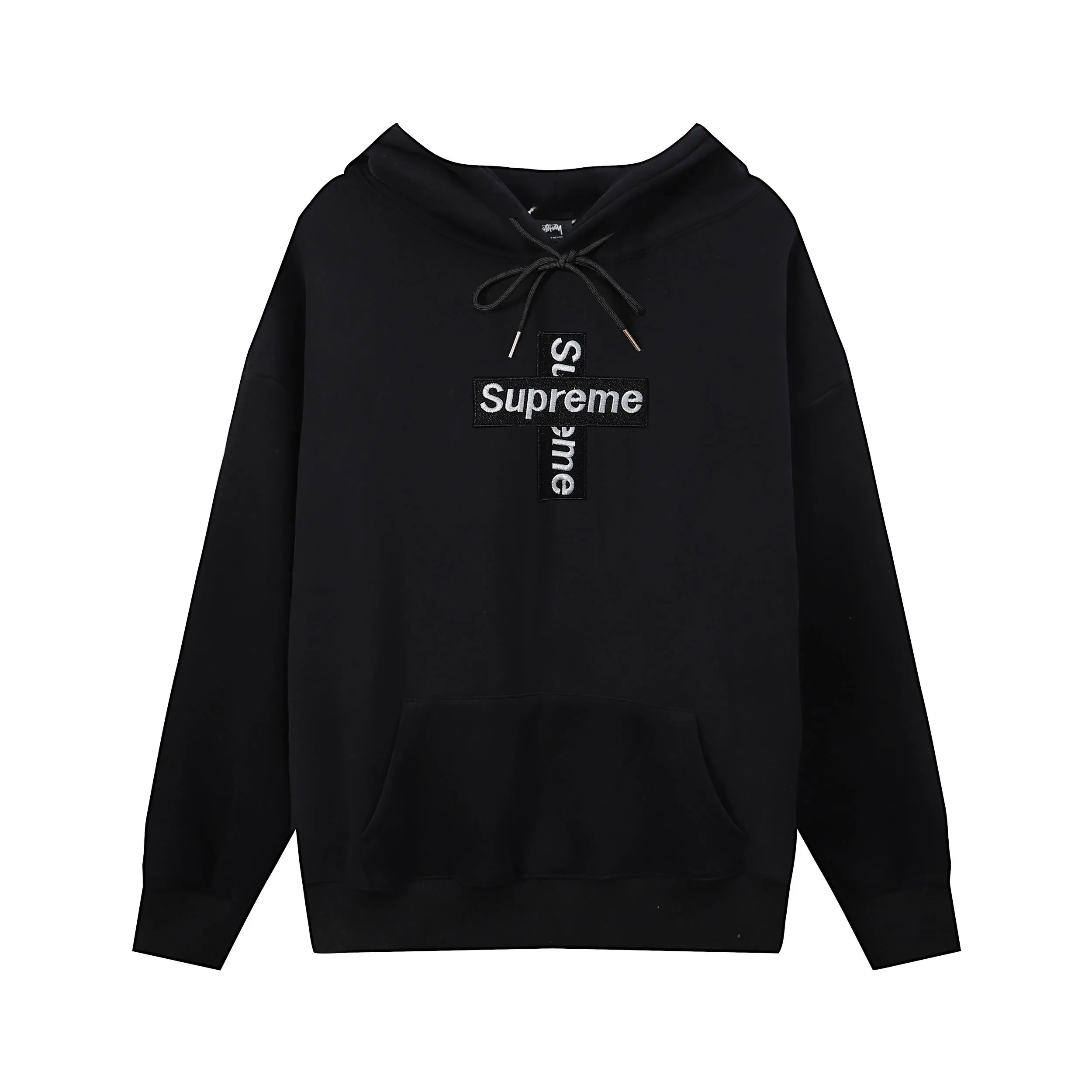 P218 sup cross embroidery velvet hooded sweatshirt black white gray SMLXL size chart size S M L XL bust 60 62 64 66 length 70 72 74 76 shoulder width 58 60 62 64