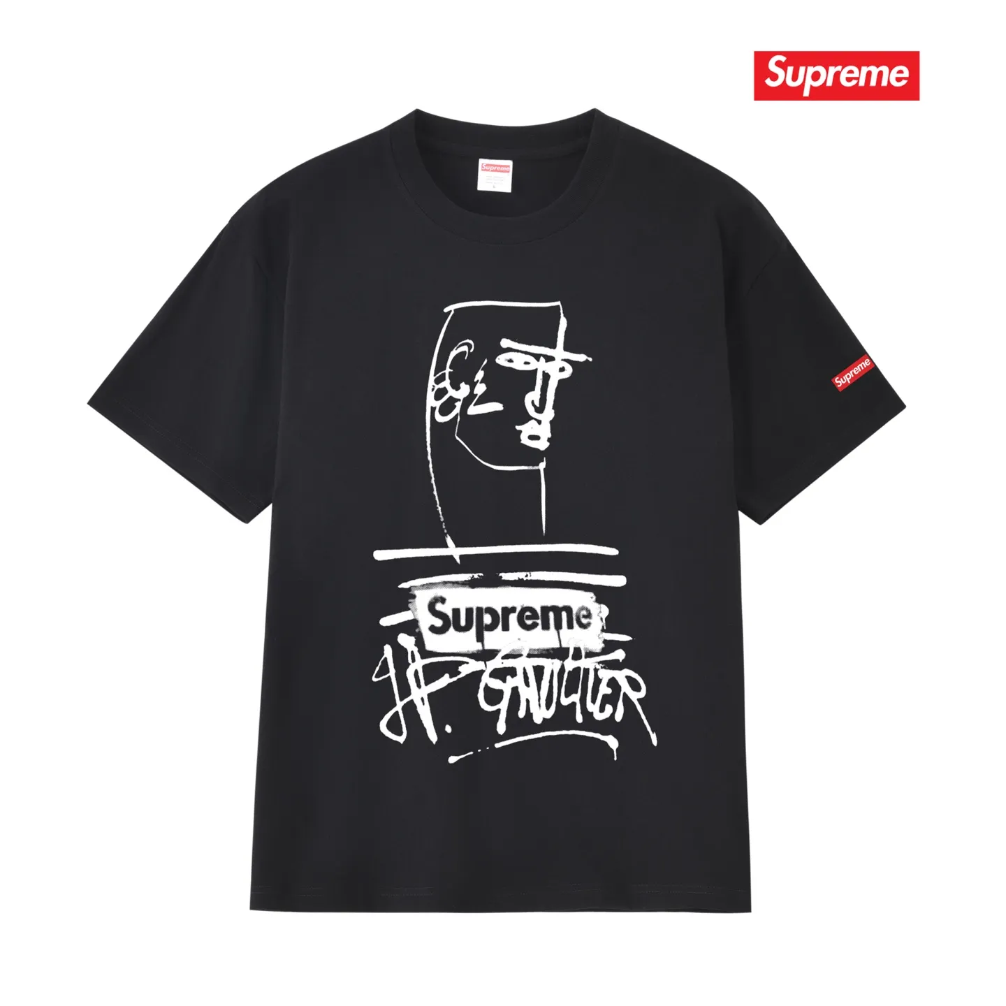 S254 P110💰 Supreme SS19 x Jean Paul Gaultier Tee Black joint model, graffiti printed short-sleeved American trendy T-shirt, same style for men and women, loose fit, made of 260g combed cotton double yarn, from fabric to accessories, all three standards are complete and follow ZP. Imported Matsui Company pulp printing will never crack. The whole piece is made with a three-needle five-thread process. The neckline-shoulder seam-sleeve seam is double-lined, and it looks more three-dimensional and textured. The process is the same as the authentic original version. The classic version. Feel free to compare zp. The whole piece is made of a three-needle five-thread process. The neckline-shoulder seam-sleeve seam is double-threaded, which looks more three-dimensional and textured. The process is the same as the authentic original version. The classic version. Color: Black White Light Gray Pink Navy Size: S M L XL XXL