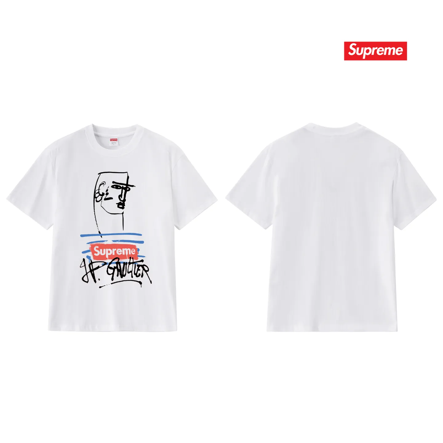 S254 P110💰 Supreme SS19 x Jean Paul Gaultier Tee Black joint model, graffiti printed short-sleeved American trendy T-shirt, same style for men and women, loose fit, made of 260g combed cotton double yarn, from fabric to accessories, all three standards are complete and follow ZP. Imported Matsui Company pulp printing will never crack. The whole piece is made with a three-needle five-thread process. The neckline-shoulder seam-sleeve seam is double-lined, and it looks more three-dimensional and textured. The process is the same as the authentic original version. The classic version. Feel free to compare zp. The whole piece is made of a three-needle five-thread process. The neckline-shoulder seam-sleeve seam is double-threaded, which looks more three-dimensional and textured. The process is the same as the authentic original version. The classic version. Color: Black White Light Gray Pink Navy Size: S M L XL XXL