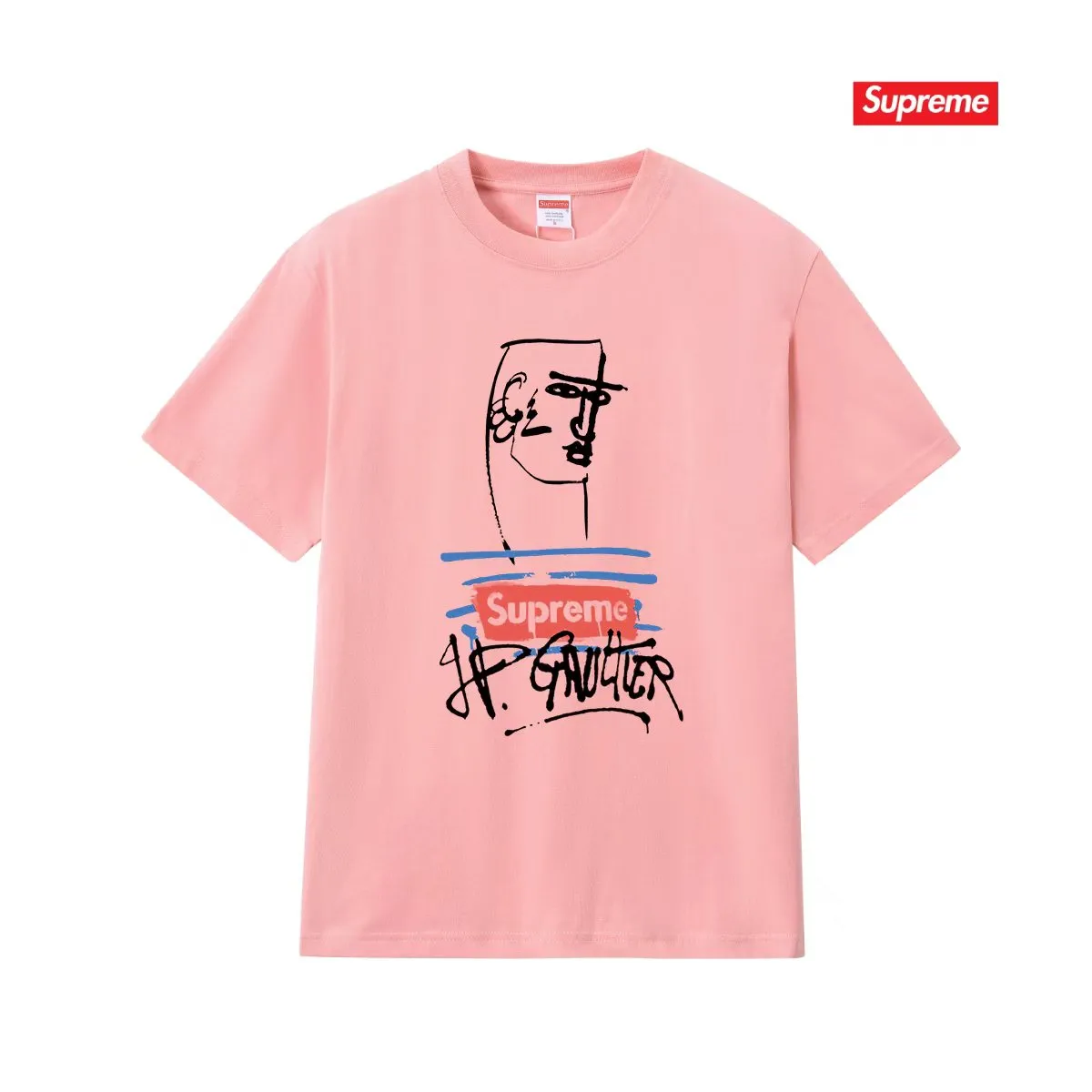 S254 P110💰 Supreme SS19 x Jean Paul Gaultier Tee Black joint model, graffiti printed short-sleeved American trendy T-shirt, same style for men and women, loose fit, made of 260g combed cotton double yarn, from fabric to accessories, all three standards are complete and follow ZP. Imported Matsui Company pulp printing will never crack. The whole piece is made with a three-needle five-thread process. The neckline-shoulder seam-sleeve seam is double-lined, and it looks more three-dimensional and textured. The process is the same as the authentic original version. The classic version. Feel free to compare zp. The whole piece is made of a three-needle five-thread process. The neckline-shoulder seam-sleeve seam is double-threaded, which looks more three-dimensional and textured. The process is the same as the authentic original version. The classic version. Color: Black White Light Gray Pink Navy Size: S M L XL XXL
