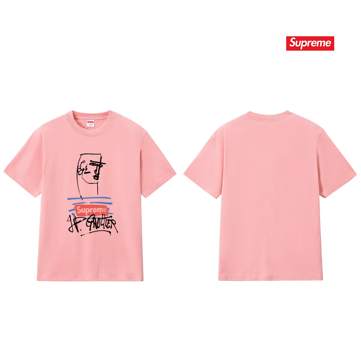 S254 P110💰 Supreme SS19 x Jean Paul Gaultier Tee Black joint model, graffiti printed short-sleeved American trendy T-shirt, same style for men and women, loose fit, made of 260g combed cotton double yarn, from fabric to accessories, all three standards are complete and follow ZP. Imported Matsui Company pulp printing will never crack. The whole piece is made with a three-needle five-thread process. The neckline-shoulder seam-sleeve seam is double-lined, and it looks more three-dimensional and textured. The process is the same as the authentic original version. The classic version. Feel free to compare zp. The whole piece is made of a three-needle five-thread process. The neckline-shoulder seam-sleeve seam is double-threaded, which looks more three-dimensional and textured. The process is the same as the authentic original version. The classic version. Color: Black White Light Gray Pink Navy Size: S M L XL XXL
