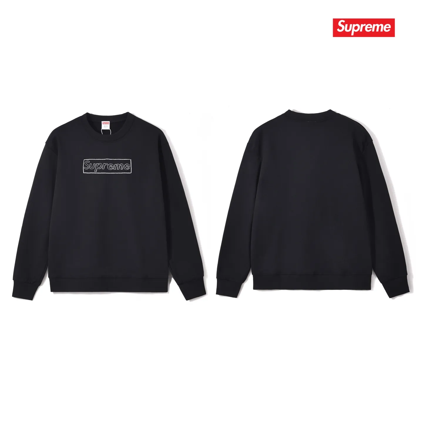Style No. S1077 #terry p150💰 Velvet 160💰 Supreme Week 18 x KAWS Joint Chalk Logo Tee Chalk Letter Box Solid Logo Print Round Neck Sweatshirt Made of 400g large terry (drop shoulder large version) fabric Soft texture and no pilling Imported environmentally friendly printing glue The pattern is bright and three-dimensional Quality💥Same style for men and women The upper body is trendy Color: Black White Gray Size: S M L XL XXL