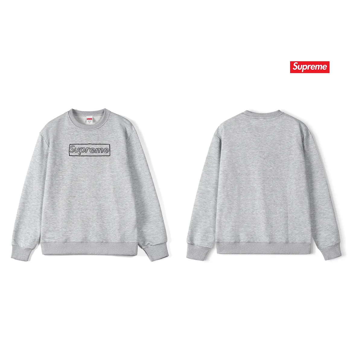 Style No. S1077 #terry p150💰 Velvet 160💰 Supreme Week 18 x KAWS Joint Chalk Logo Tee Chalk Letter Box Solid Logo Print Round Neck Sweatshirt Made of 400g large terry (drop shoulder large version) fabric Soft texture and no pilling Imported environmentally friendly printing glue The pattern is bright and three-dimensional Quality💥Same style for men and women The upper body is trendy Color: Black White Gray Size: S M L XL XXL