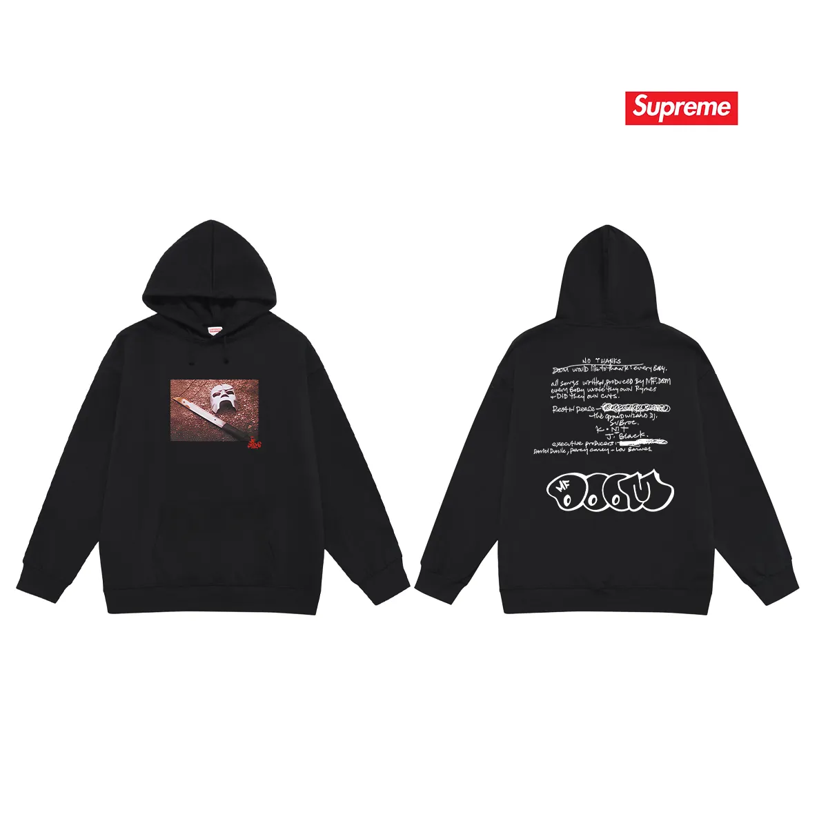 Style number S2207 #terry P160💰 Velvet P170💰 SupxMFDOOM FW23 mask with handwritten letters printed on the back Hooded sweatshirt Made of 400g large terry 430g silver fox velvet (drop shoulder large version) fabric Soft texture and no pilling Imported environmentally friendly printing glue The pattern is bright and three-dimensional Quality 💥Same style for men and women The upper body is trendy Color: black white gray Size: S M L XL XXL