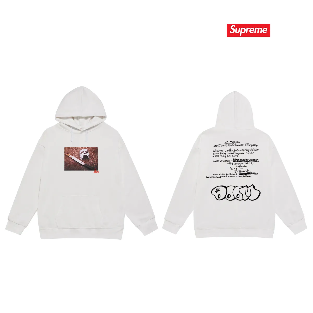 Style number S2207 #terry P160💰 Velvet P170💰 SupxMFDOOM FW23 mask with handwritten letters printed on the back Hooded sweatshirt Made of 400g large terry 430g silver fox velvet (drop shoulder large version) fabric Soft texture and no pilling Imported environmentally friendly printing glue The pattern is bright and three-dimensional Quality 💥Same style for men and women The upper body is trendy Color: black white gray Size: S M L XL XXL