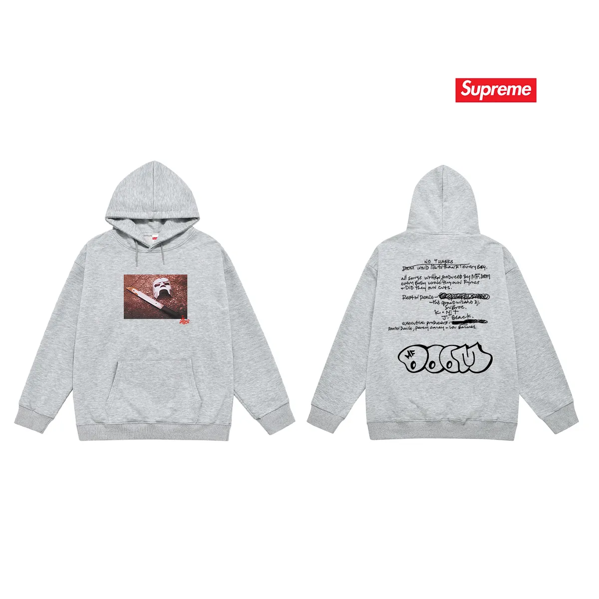 Style number S2207 #terry P160💰 Velvet P170💰 SupxMFDOOM FW23 mask with handwritten letters printed on the back Hooded sweatshirt Made of 400g large terry 430g silver fox velvet (drop shoulder large version) fabric Soft texture and no pilling Imported environmentally friendly printing glue The pattern is bright and three-dimensional Quality 💥Same style for men and women The upper body is trendy Color: black white gray Size: S M L XL XXL