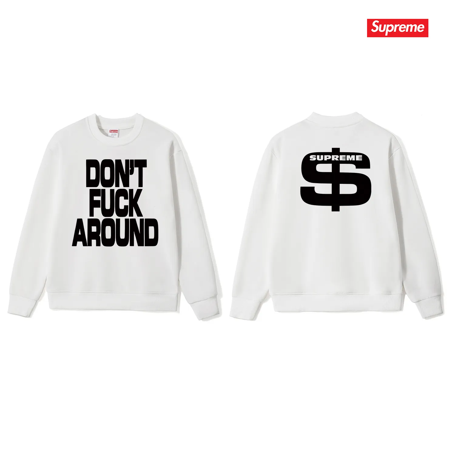 Style No. S1078 #terry p150💰 Velvet 160💰 Supreme FW22 Week 5 Don’t Around Tee Letter Printed Round Neck Sweater Made of 400 grams of large terry (drop shoulder large version) fabric, soft texture and no pilling Imported environmentally friendly printing glue The pattern is bright and three-dimensional Quality💥Same style for men and women The upper body is trendy Color: Black White Gray Size: S M L XL XXL