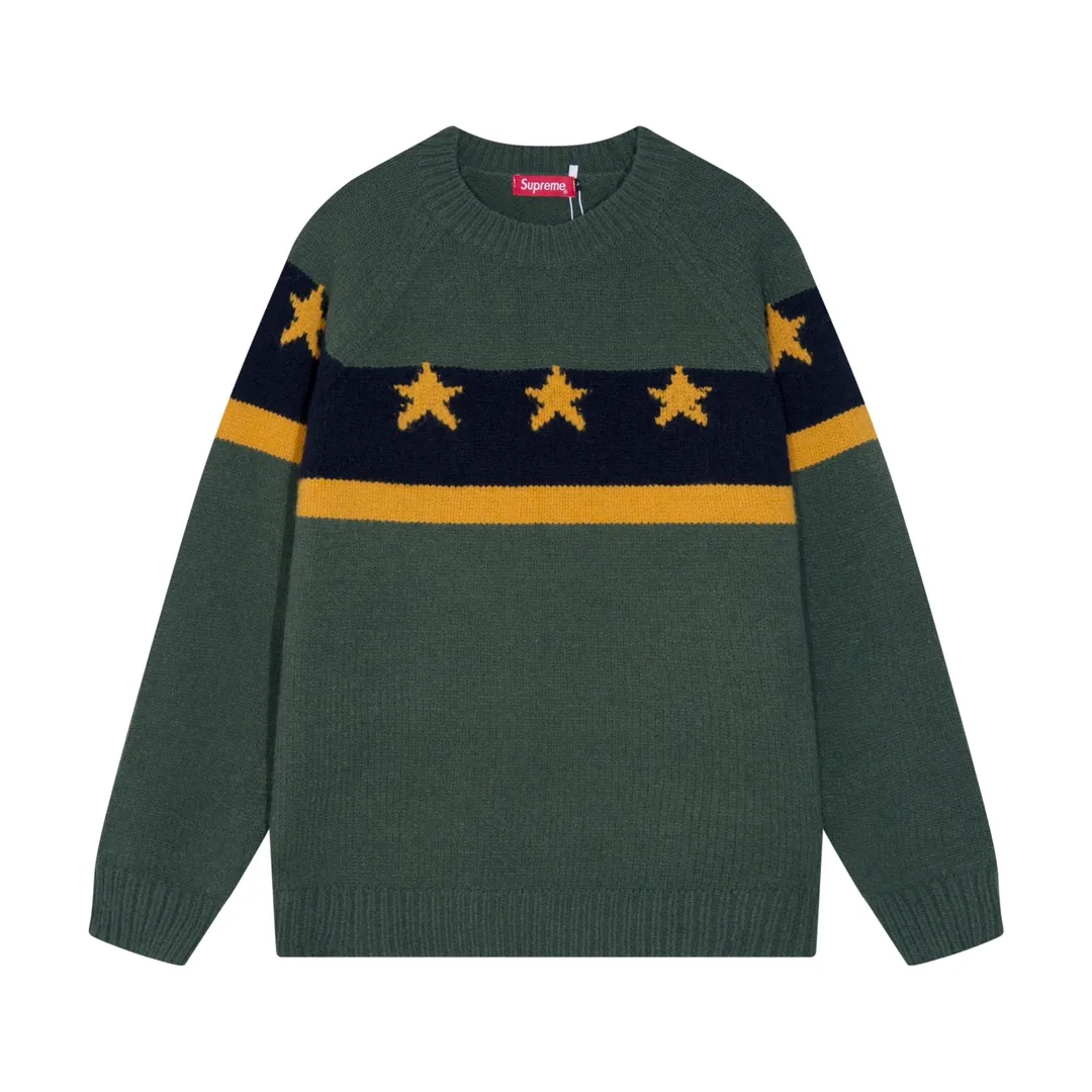 P300 Sup supreme chest striped five-pointed star jacquard crew neck sweater Color: black blue green Size: S M L XL XXL