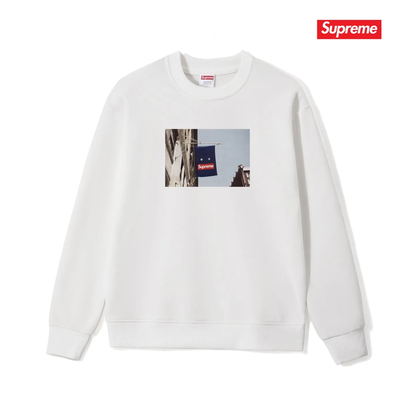 Style No. S1005 #terryp150💰 Velvet 160💰 Supreme FW19 Week 1 Banner Tee round neck sweatshirt Made of 400g large terry (drop shoulder large version) fabric, soft texture and no pilling Imported environmentally friendly printing glue The pattern is bright and three-dimensional Quality💥Same style for men and women The upper body is fashionable Color: black white gray Size: S M L XL XXL