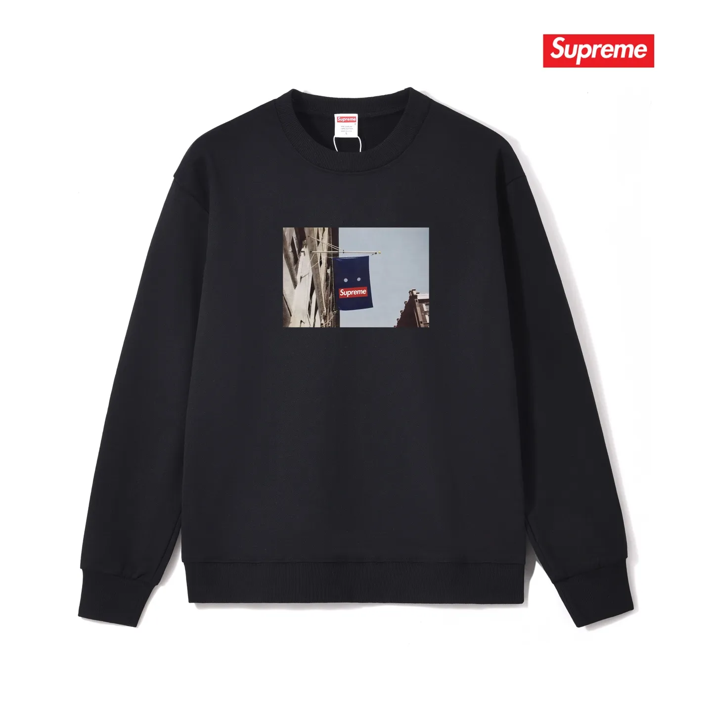 Style No. S1005 #terryp150💰 Velvet 160💰 Supreme FW19 Week 1 Banner Tee round neck sweatshirt Made of 400g large terry (drop shoulder large version) fabric, soft texture and no pilling Imported environmentally friendly printing glue The pattern is bright and three-dimensional Quality💥Same style for men and women The upper body is fashionable Color: black white gray Size: S M L XL XXL