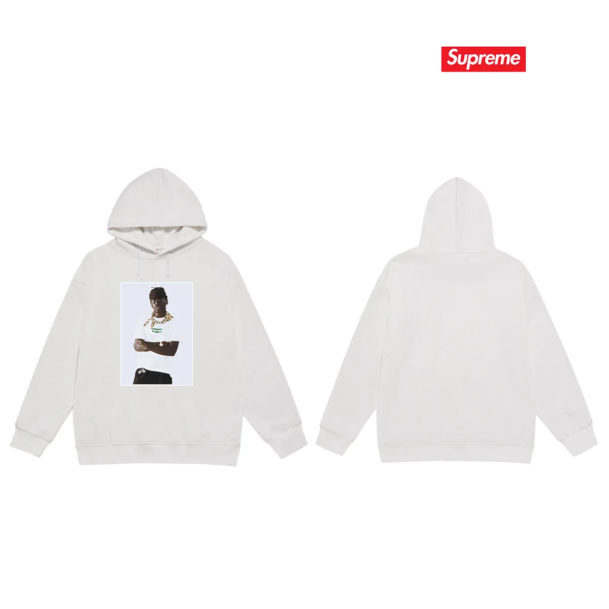 Style No. S2084 #terry P160💰 Velvet P170💰 Supreme FW24 Tyler The Creator Tee portrait print hooded sweatshirt Made of 400g large terry 430g silver fox velvet (off-shoulder large version) fabric, soft texture and no pilling Imported environmentally friendly printing glue The pattern is bright and three-dimensional Quality 💥Same style for men and women The upper body is trendy Color: black white gray Size: S M L XL XXL