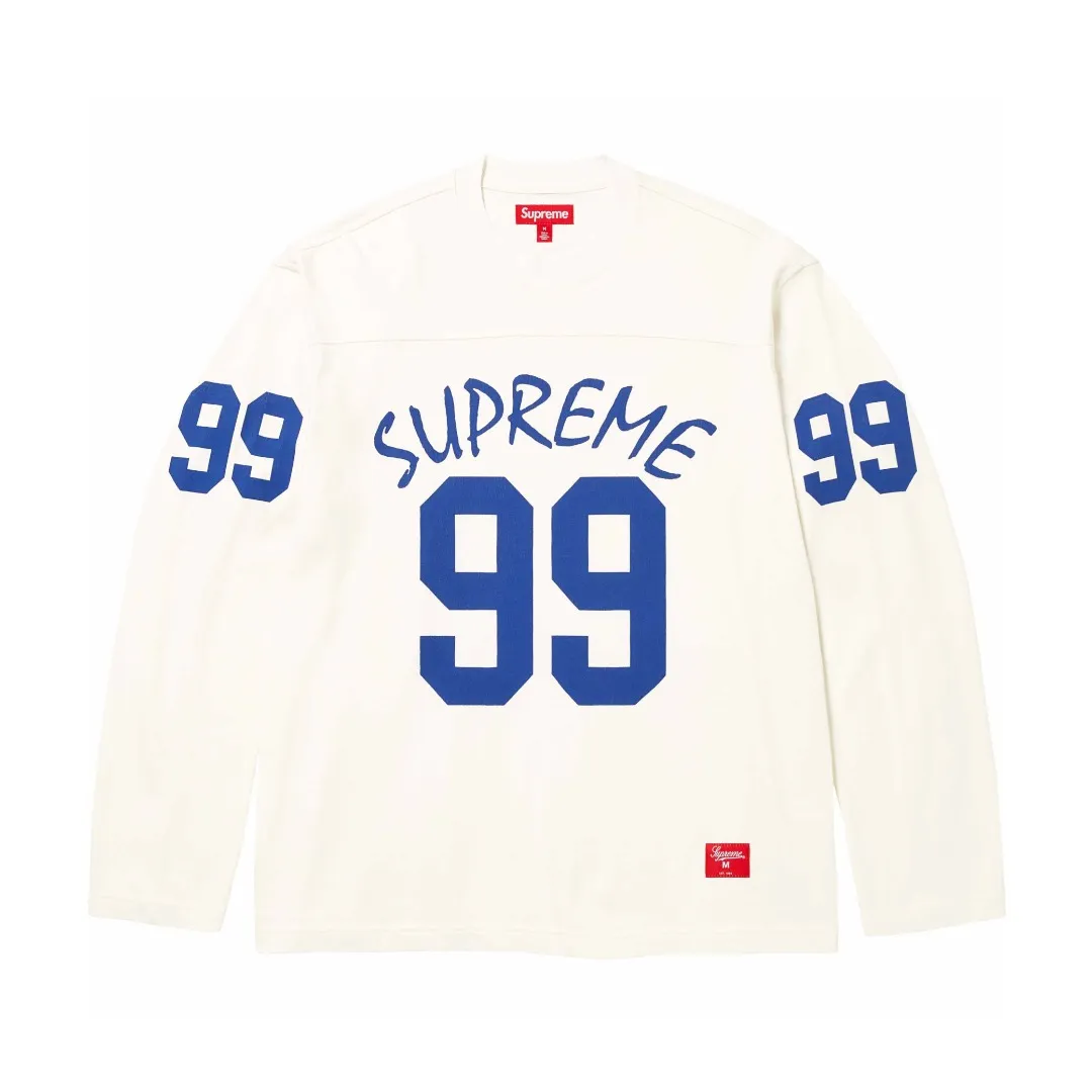 S562💰p230 top version Supreme 24ss 99 L/S FOOTBALL TOP 238 printed long sleeves ZP test custom-woven and dyed pure cotton 320g fabric Printing uses thermoset ink printing, also known as plastic ink, or self-adhesive ink. Its ingredients are: mainly composed of polyvinyl chloride (PVC) and phthalates. PVC and phthalates, color fixing agents, stabilizers, and thickeners are mixed to form thermoset ink. It is not the digital direct printing advertised on the market. The printing texture of thermoset ink is something that cannot be achieved by digital direct printing. Customized ZP co-branding Main label/wash label/hangtag/packaging bag (equipped with extra-large thickened handbag) There is a high probability of passing the inspection version. If you put the original packaging picture together, there is a high chance that it will pass. Size: S-XL