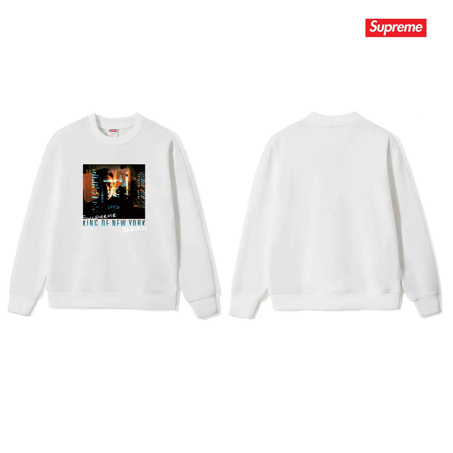 Style No. S1113 #terry p150💰 Velvet 160💰 Supreme SS19 Christopher Walken King Of NewYorkTee Navy New York King of New York printed round neck sweatshirt Made of 400 grams of large terry (drop shoulder large version) fabric, soft texture and no pilling Imported environmentally friendly printing glue The pattern is bright and three-dimensional Quality 💥Same style for men and women The upper body is trendy Color: black white gray Size: S M L XL XXL